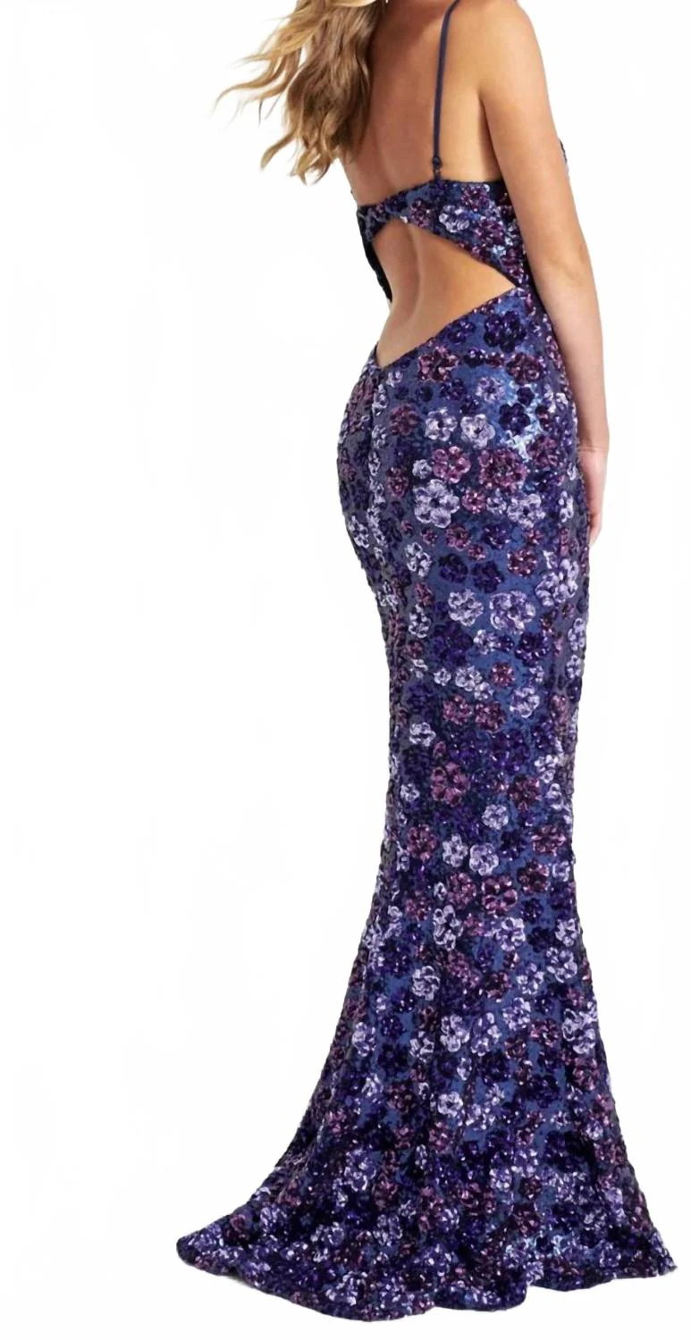Sequin Floral Design Prom Dress In Purple Navy - Image 2