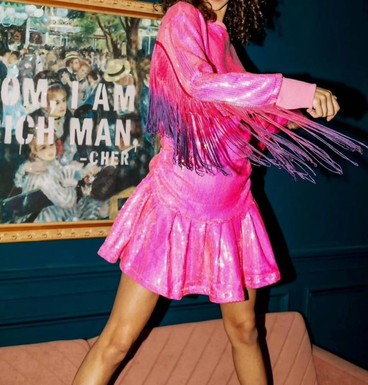 Sequin Fringe Back Dress In Pink - Image 4