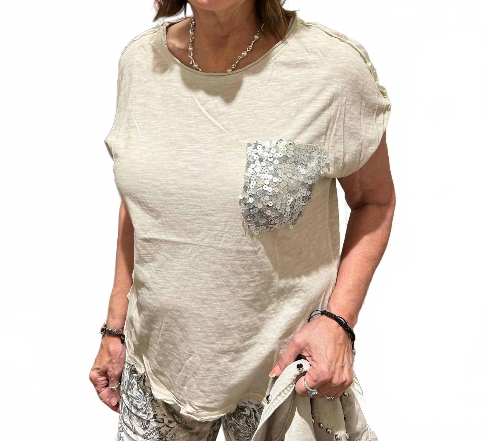 Sequin Pocket Tee In Beige - Image 2
