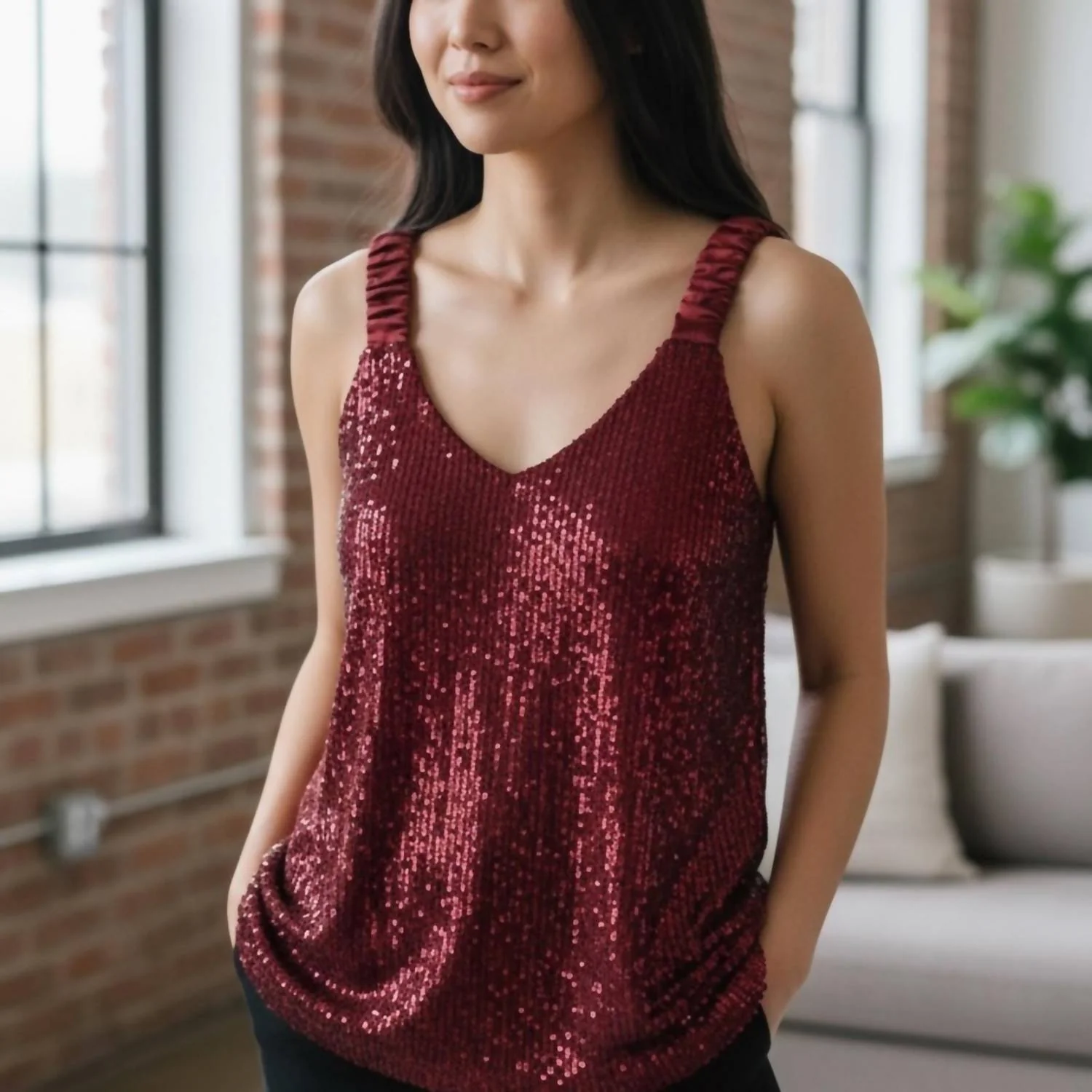 Sequin Sleeveless Top In Red - Image 2