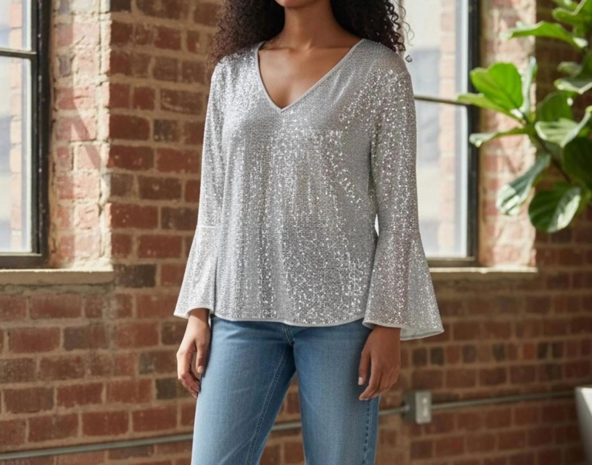 Sequin V-Neck Top In Silver