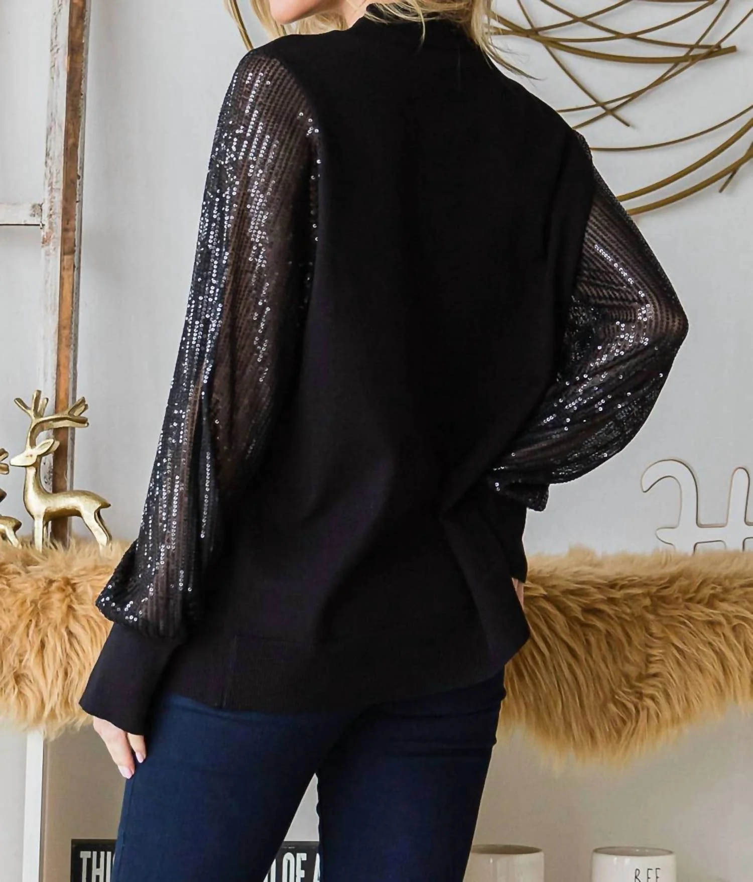 Sequined Sleeve Sweater In Black - Image 2