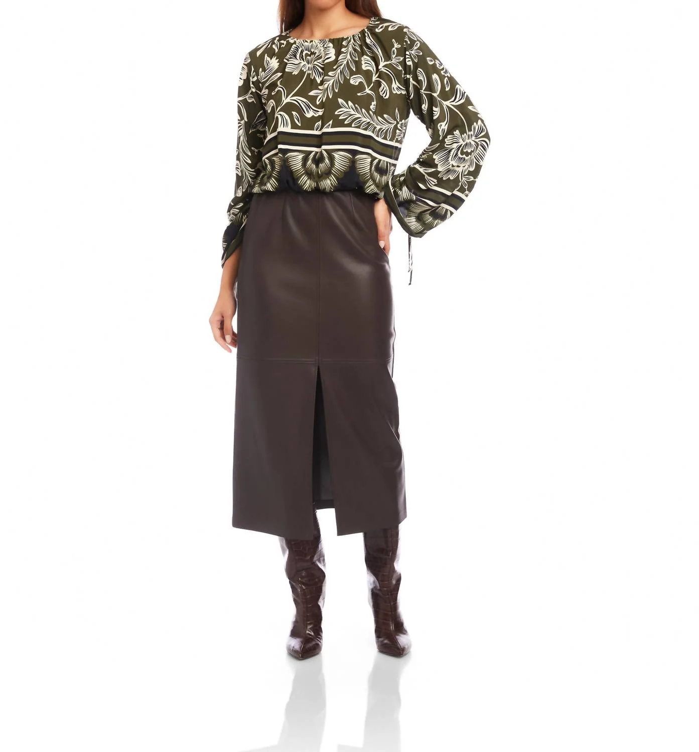 Serafina Long Sleeve Top In Floral Border Crepe Print