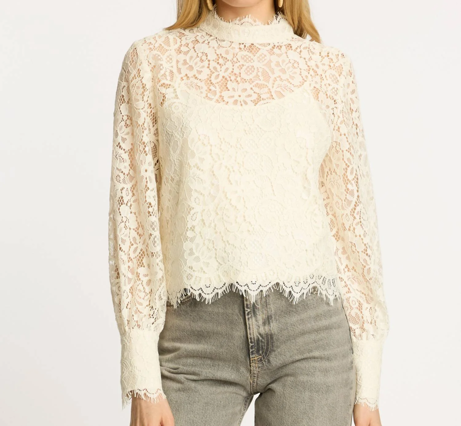 Serena Long Sleeve Lace Top In Antique White