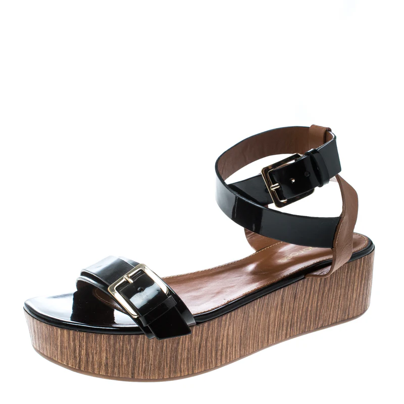 Sergio Rossi Black/brown Leather Ankle Strap Wedge Sandals