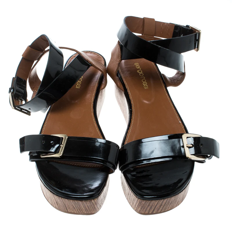 Sergio Rossi Black/brown Leather Ankle Strap Wedge Sandals - Image 3