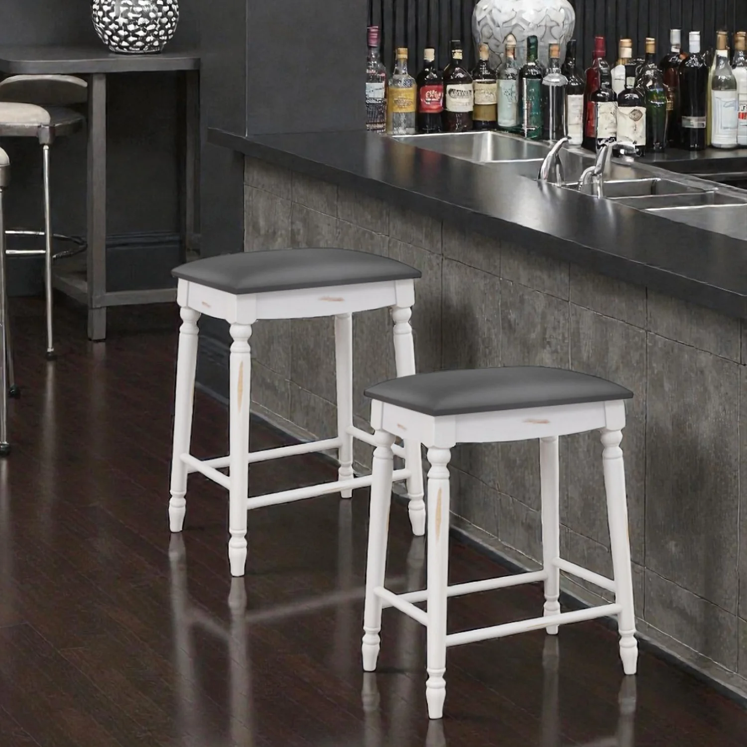 Set of 2 Bar Stools with Cushioned Seats and Wooden Legs