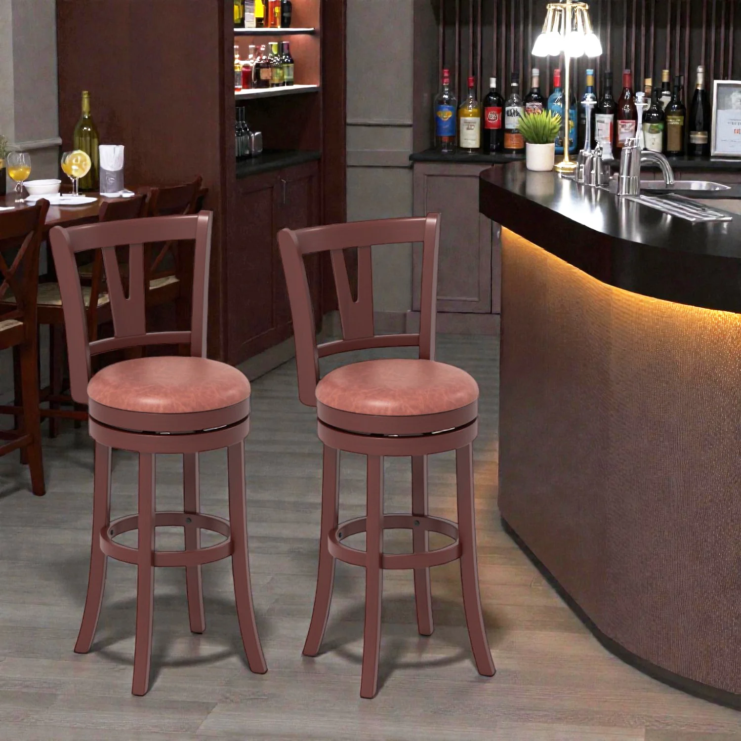 Set of 2 Swivel Counter Stools with Tall Backrests and Built-In Footrests