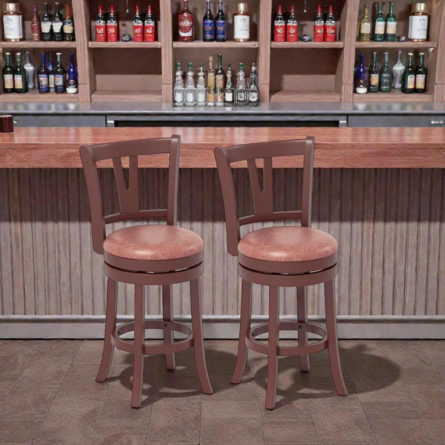Set of 2 Swivel Counter Stools with Tall Backrests and Built-In Footrests - Image 4