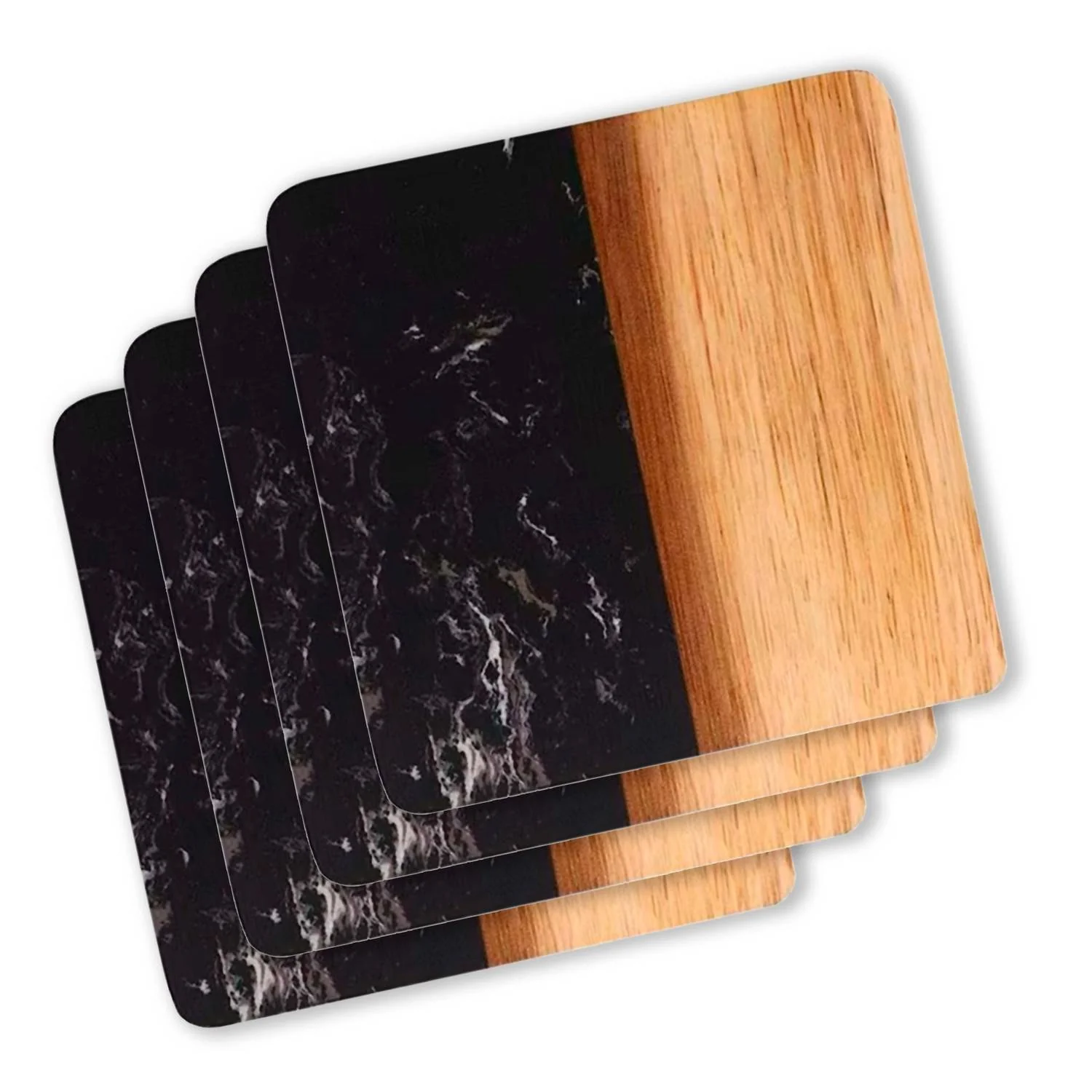 Set Of 4 Marble And Acacia Wood 4" Square Coasters In Black