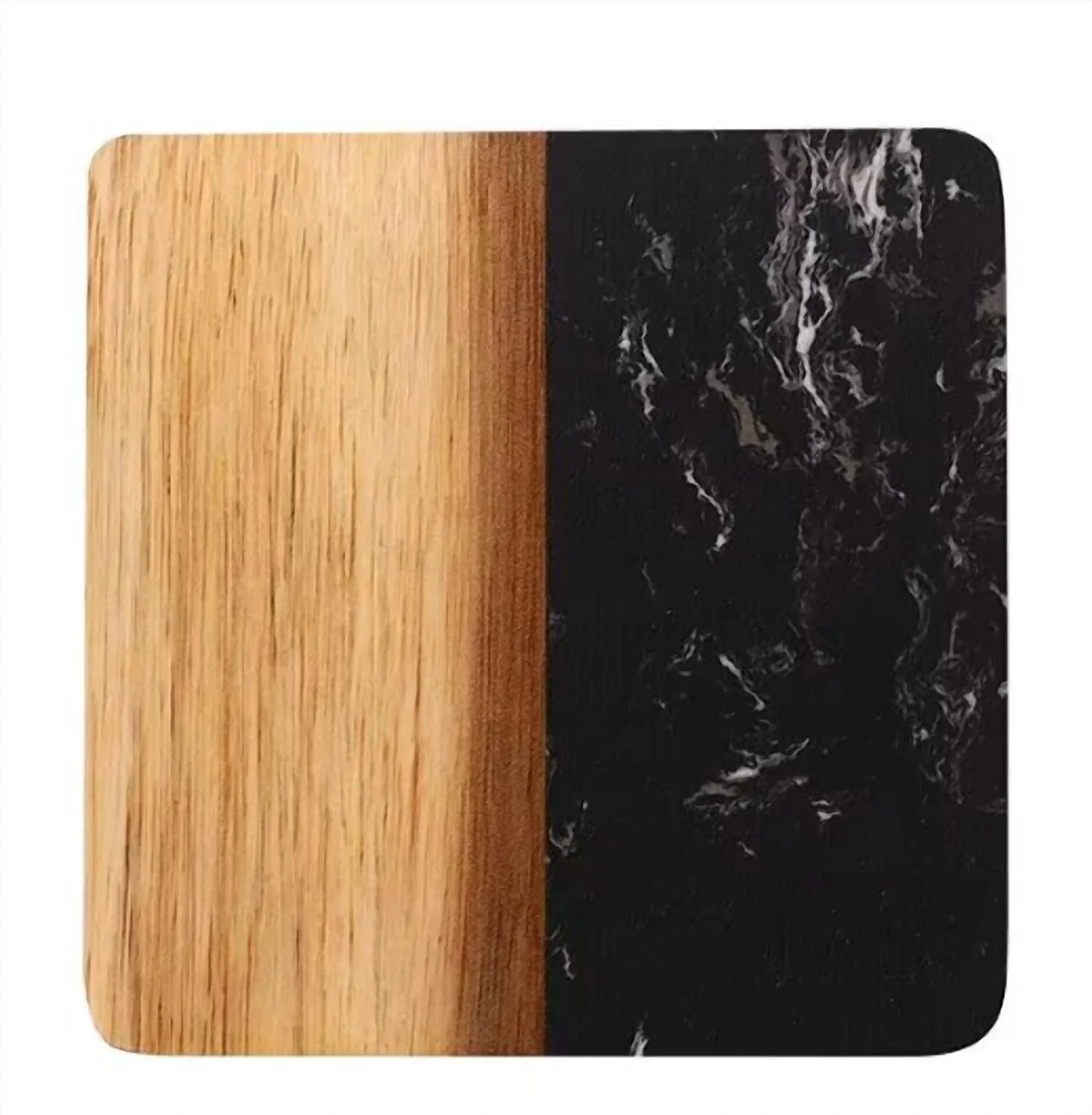 Set Of 4 Marble And Acacia Wood 4" Square Coasters In Black - Image 2