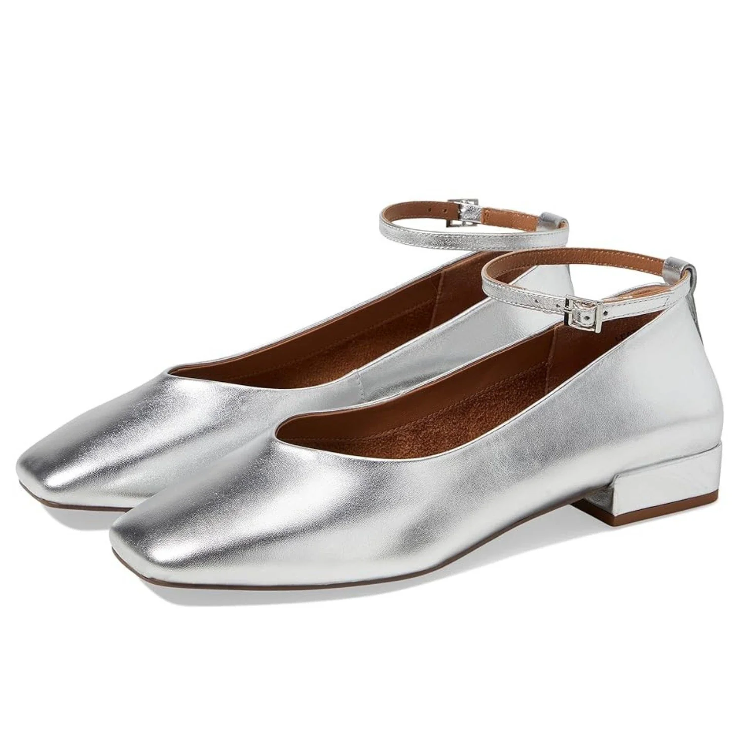 Seychelles Pumpkin Flats Women Silver Leather Square Toe Ankle Strap HTAT1128