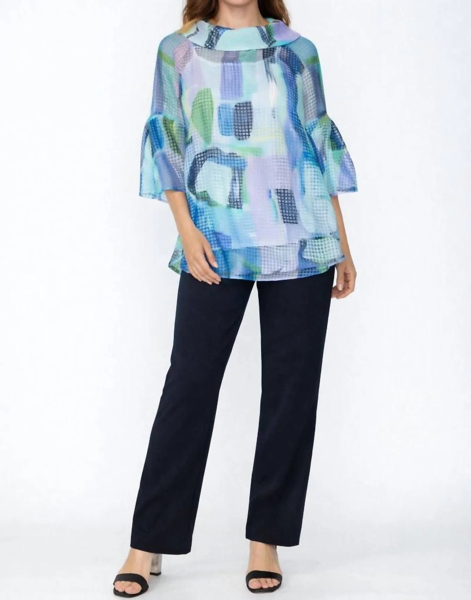 Sheer Abstract Tunic Top In Blue/green Multi