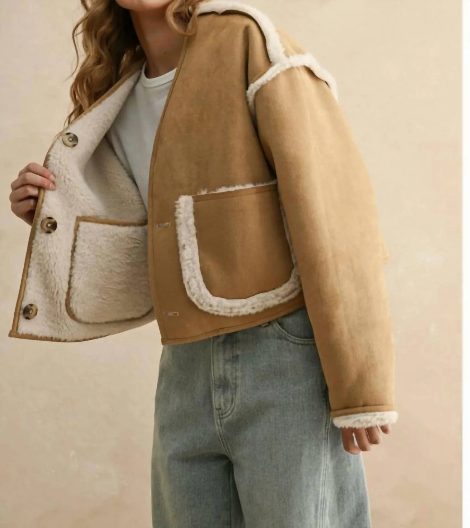 Sherpa And Suede Reversible Jacket In Tan - Image 4