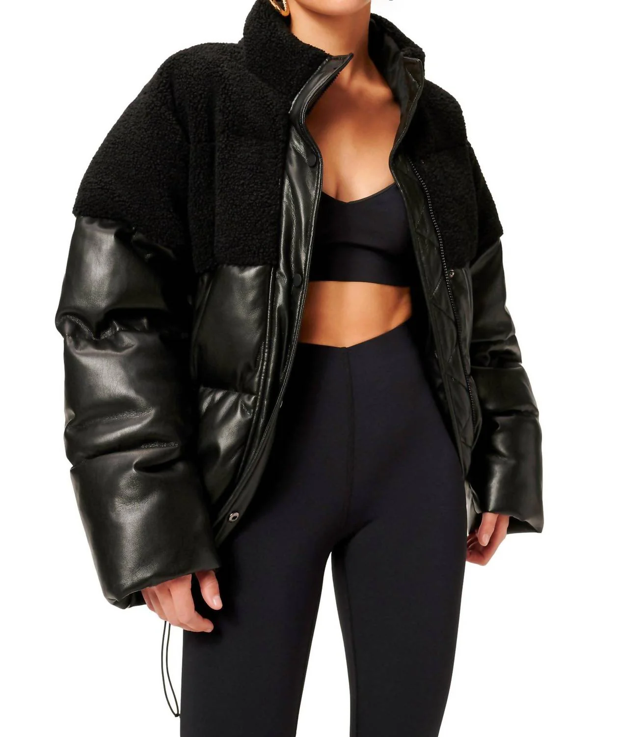 Sherpa Mix Cocoon Puffer Jacket In Black