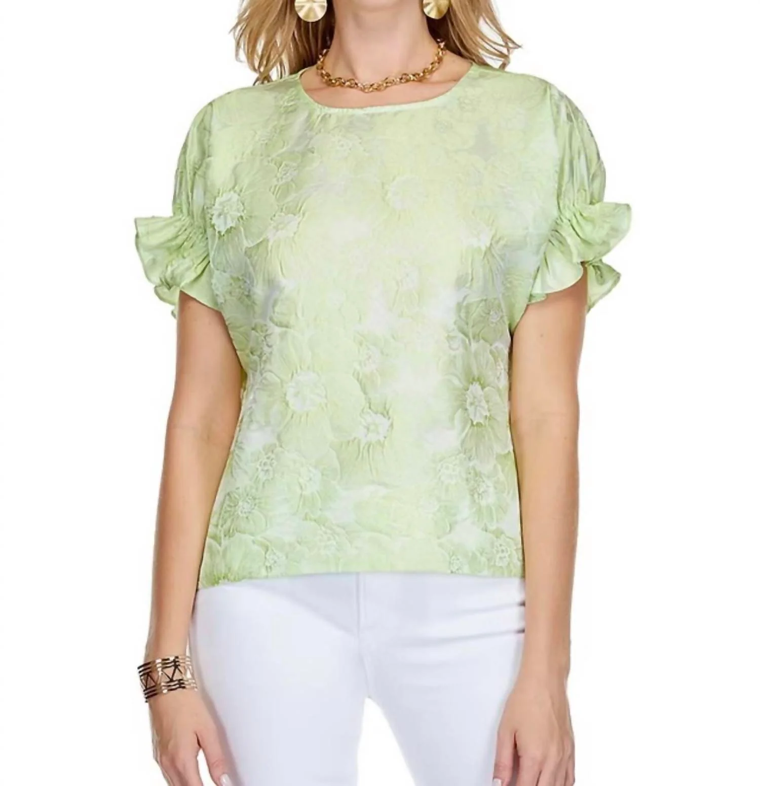 Shirred Sleeve Crop Top In Lime