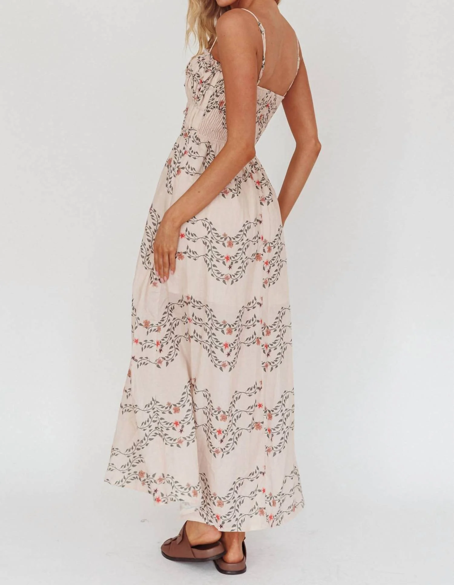 Shirred Tie Front Floral Maxi Dress In Beige - Image 2