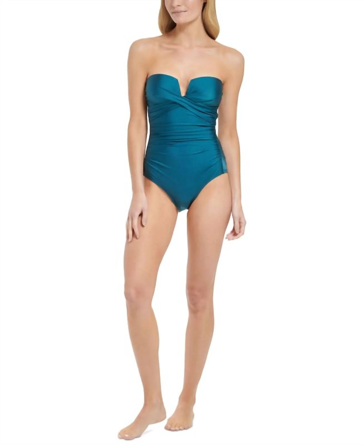 Shirred Tummy Control Split Cup Bandeau One Piece Swimsuit In Cypress Shimmer - Image 5