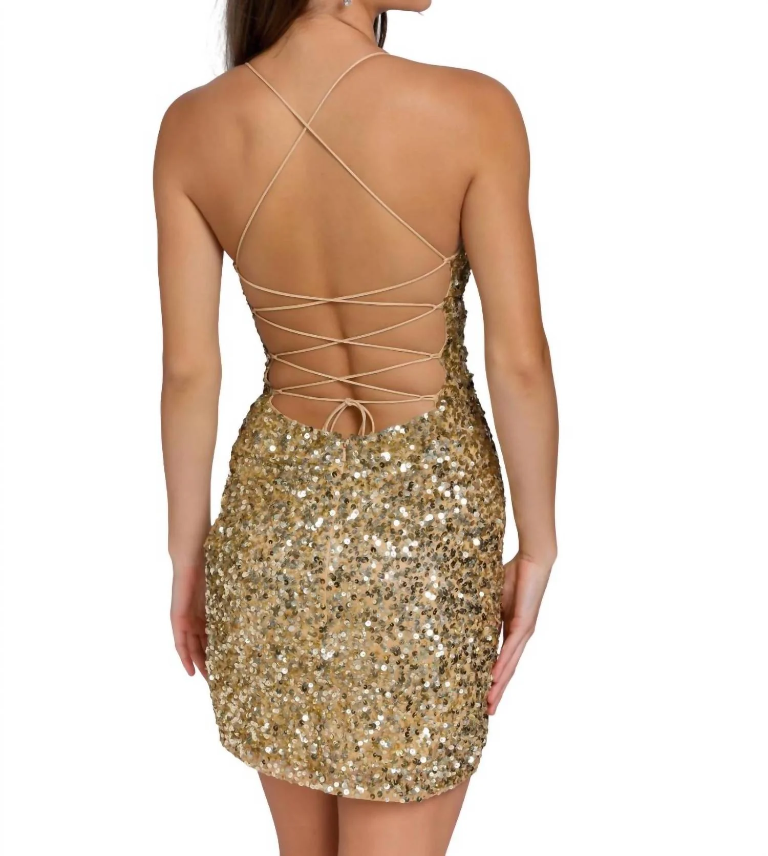 Short Fitted Sequin Formal Slit Cocktail Prom Dress In Gold - Image 2