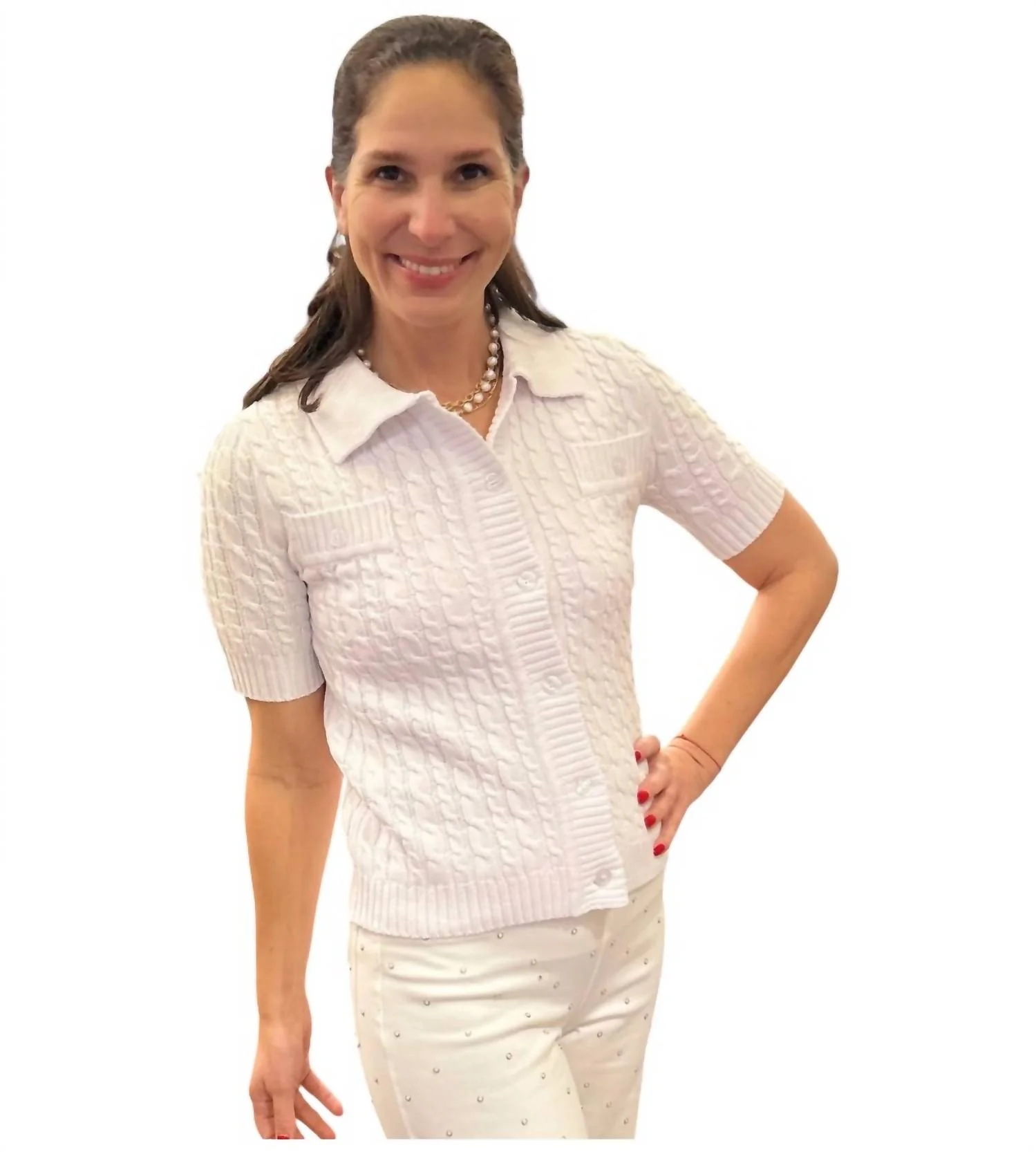 Short Sleeve Allover Cable Sweater In White