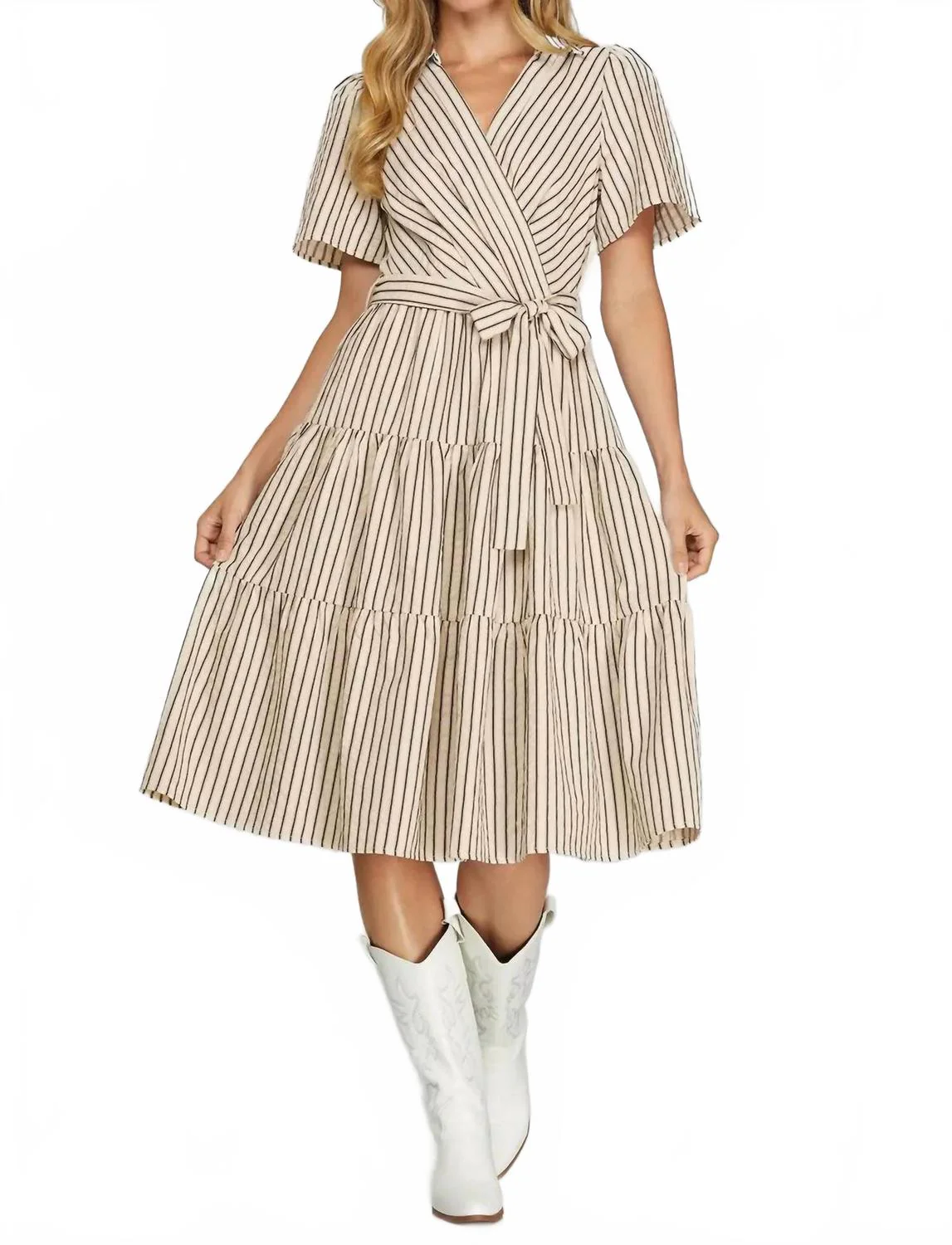Short Sleeve Button Down Dress In Tan
