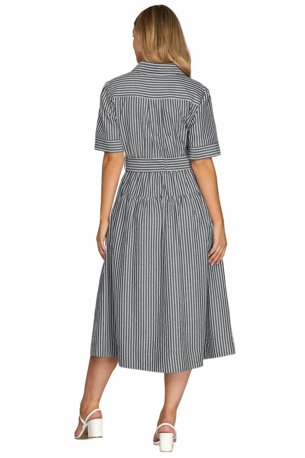 Short Sleeve Button Down Striped Midi Dress In Grey Stripe - Image 2