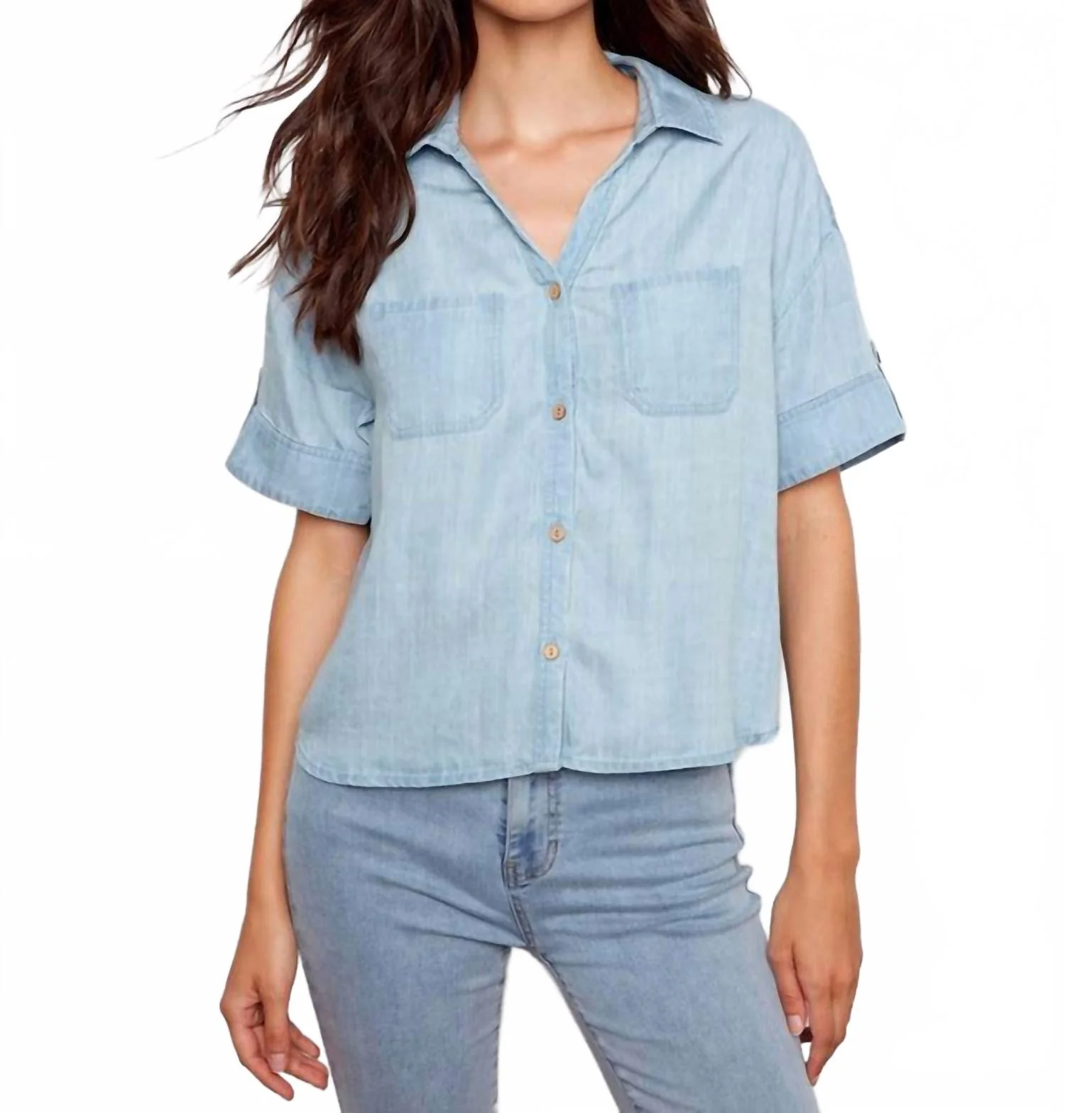Short Sleeve Button-Front Shirt In Light Blue
