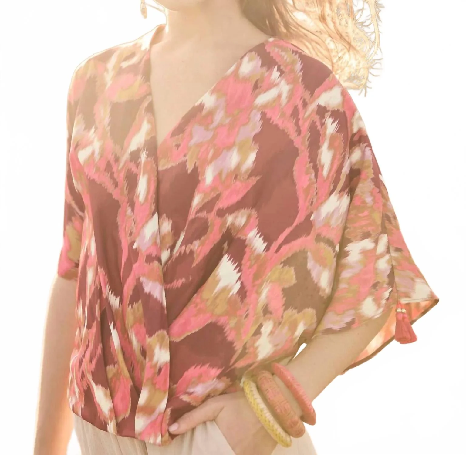 Short Sleeve Drape Front Blouse In Multi - Image 5