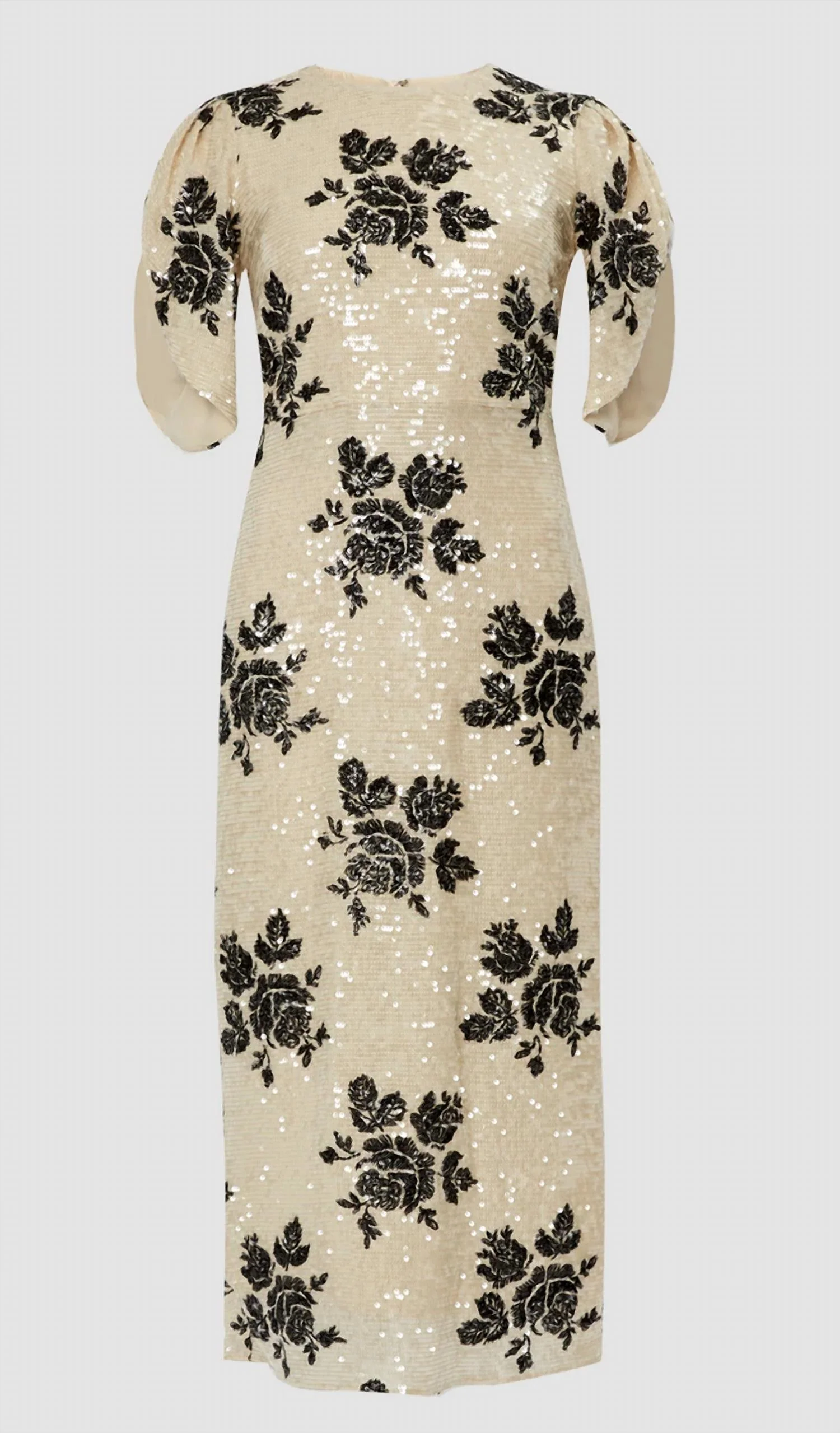 Short Sleeve Floral Sequined Pencil Dress In White/black - Image 2