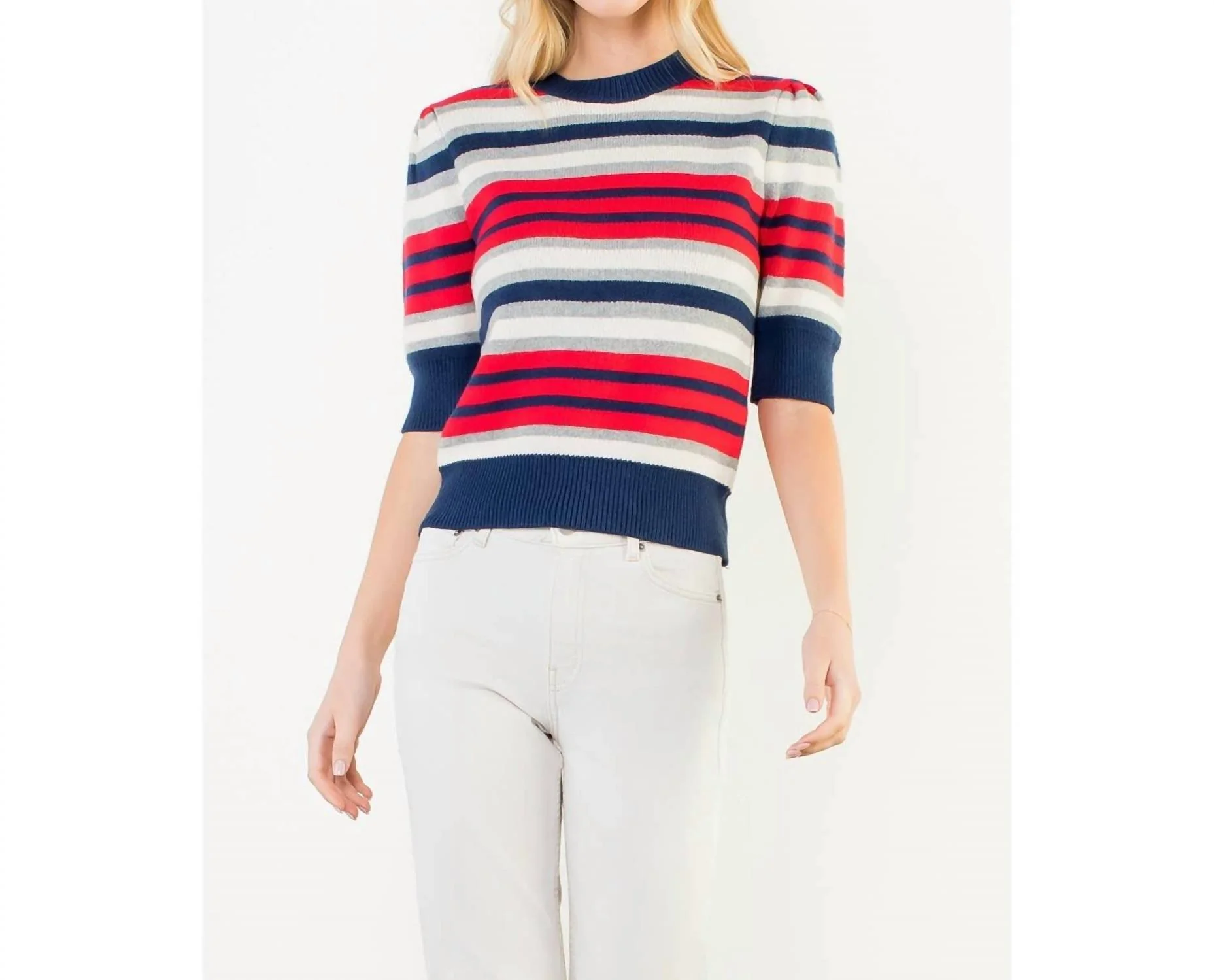 Short Sleeve Knit Top In Navy Multi