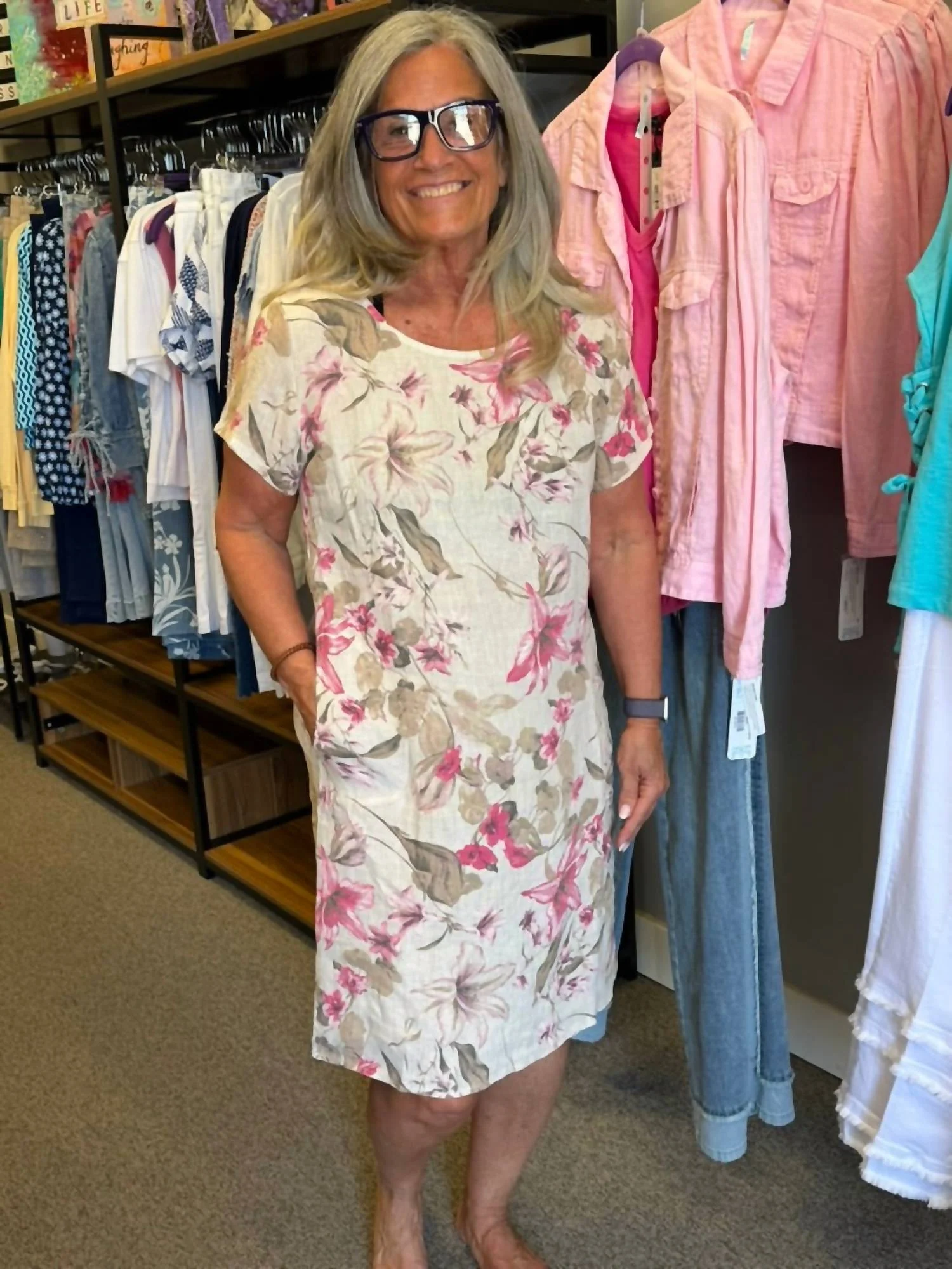 Short Sleeve Linen Dress In Orchid Print - Image 3