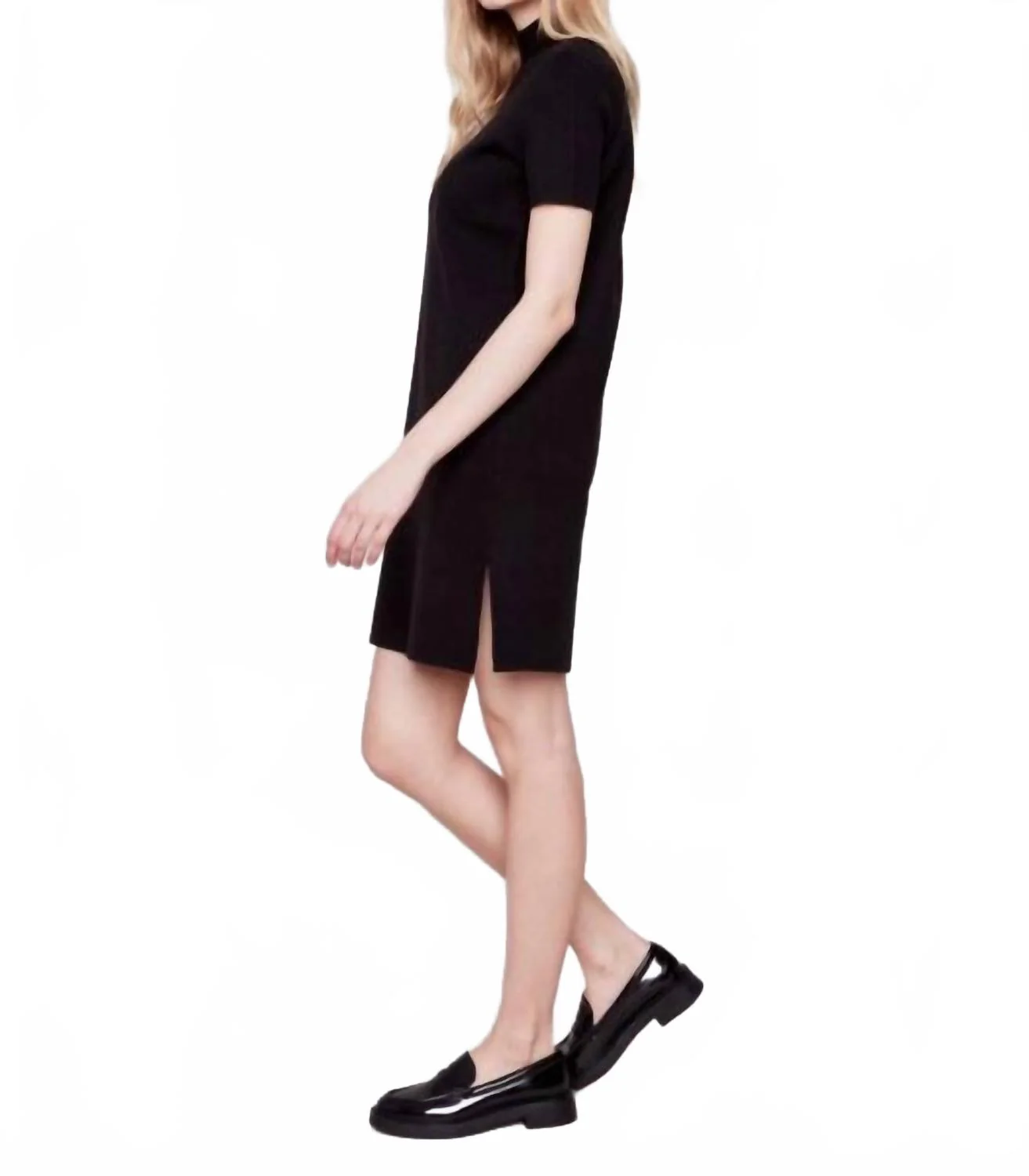 Short Sleeve Mock Neck Sweater Dress In Black - Image 4