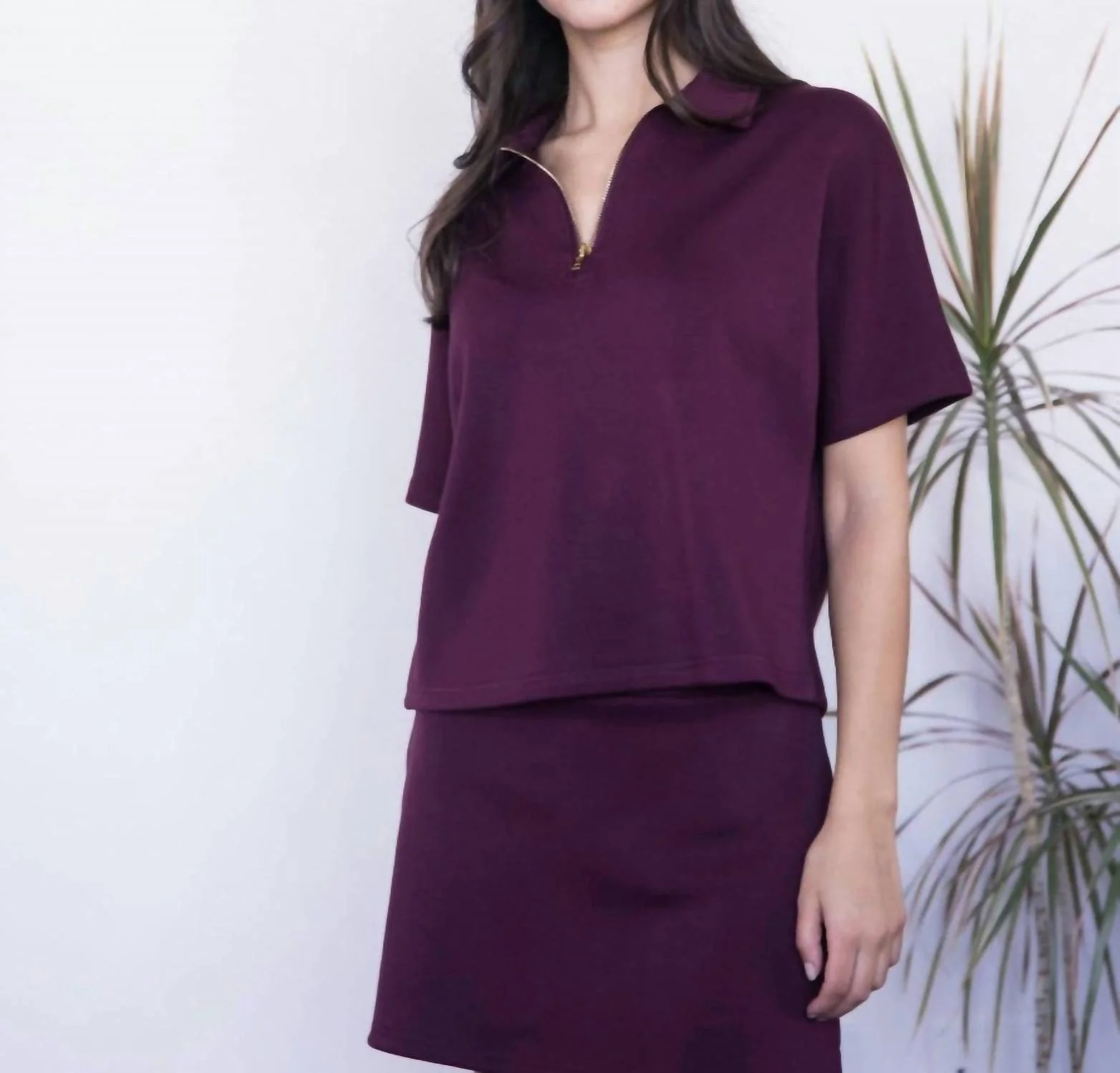 Short Sleeve Quarter Zip Top In Port - Image 4