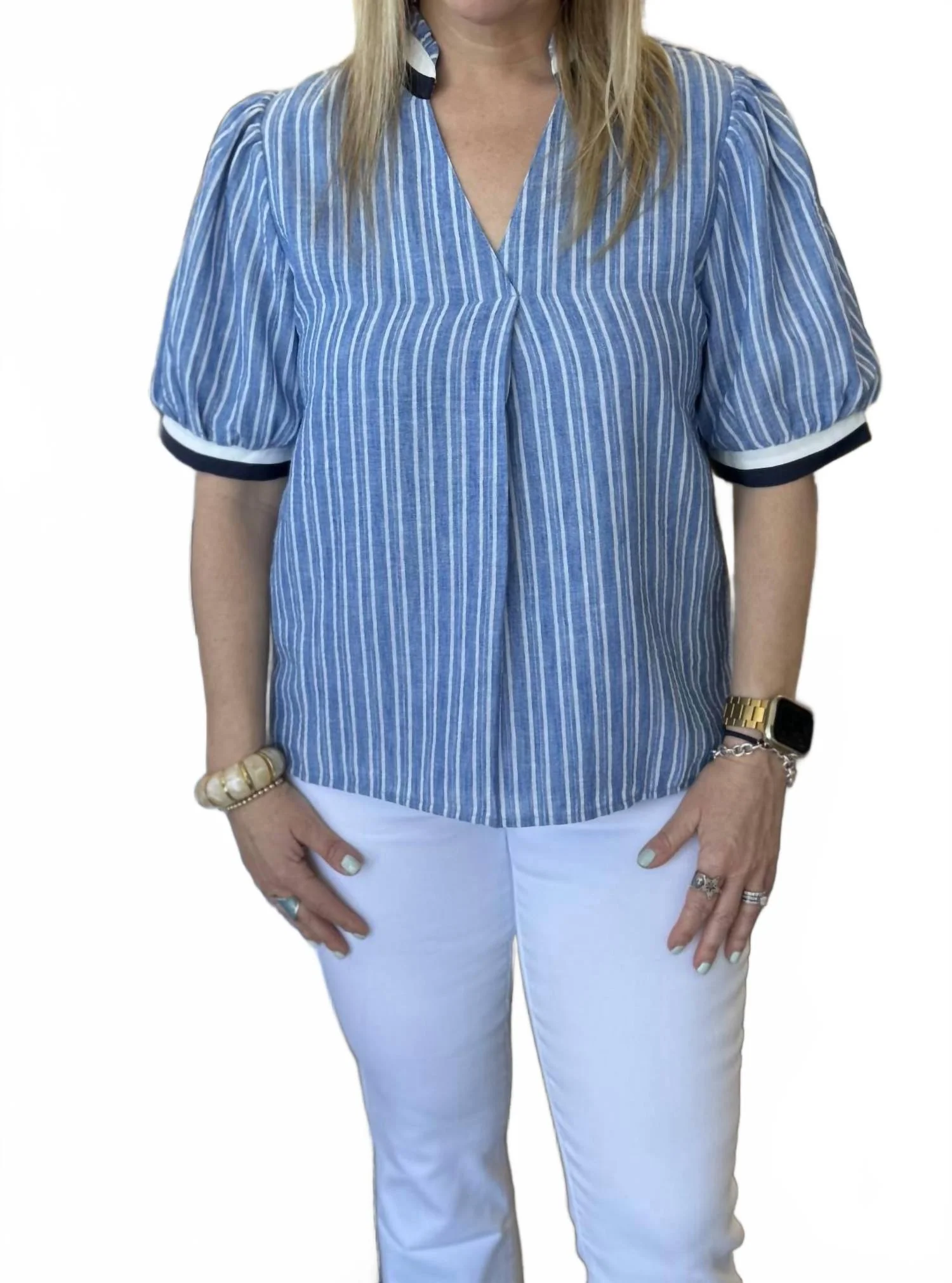 Short Sleeve Striped V Neck Top In Blue - Image 5