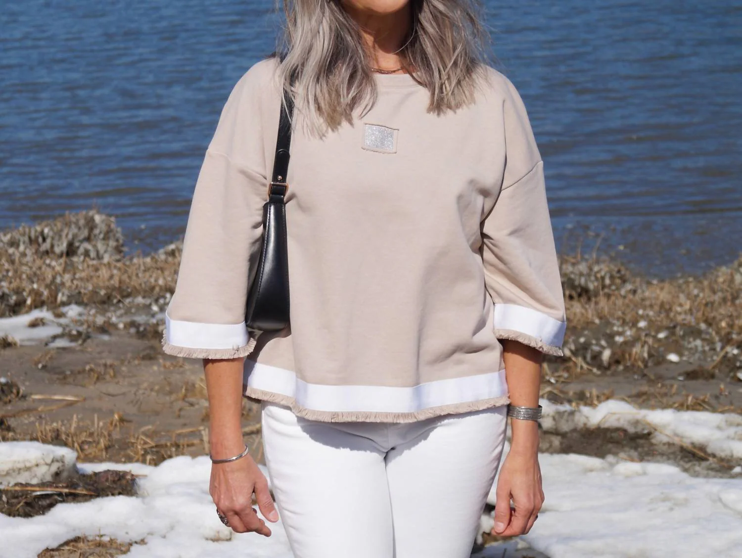Short Sleeve Top With Trim In Beige - Image 2