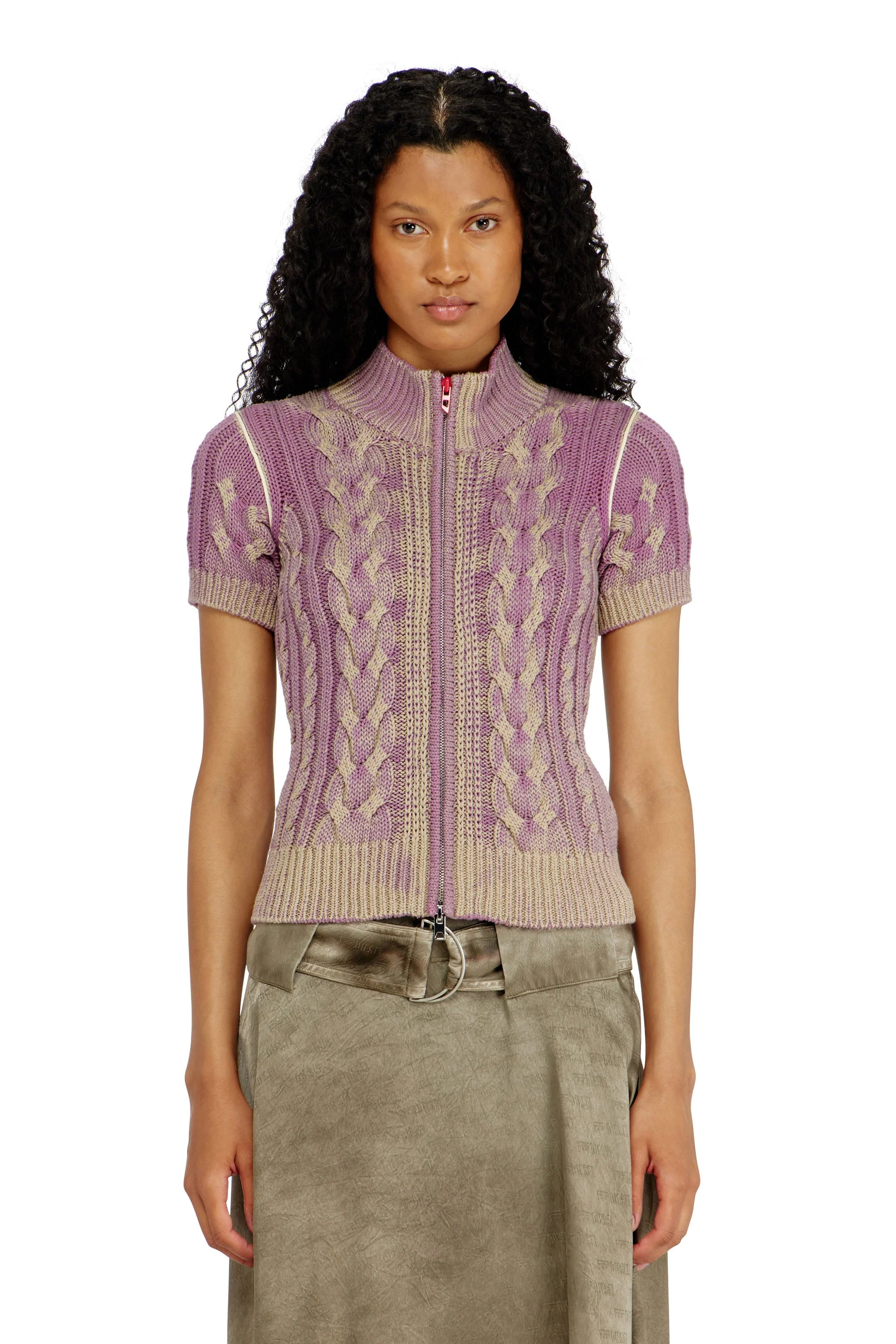Short-sleeve zip cardigan in cable knit - Image 2