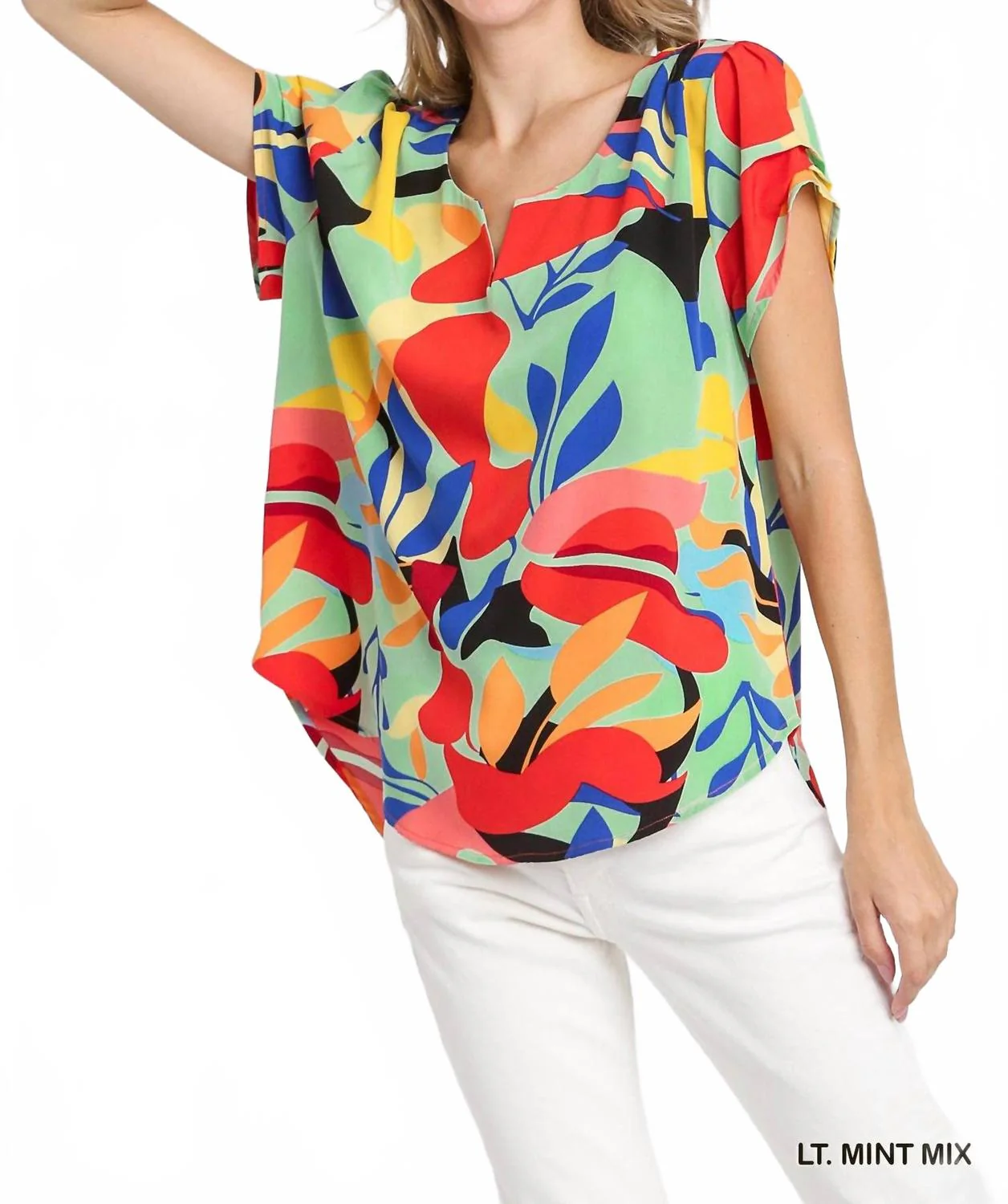 Short Sleeved Abstract Print Top In Light Mint