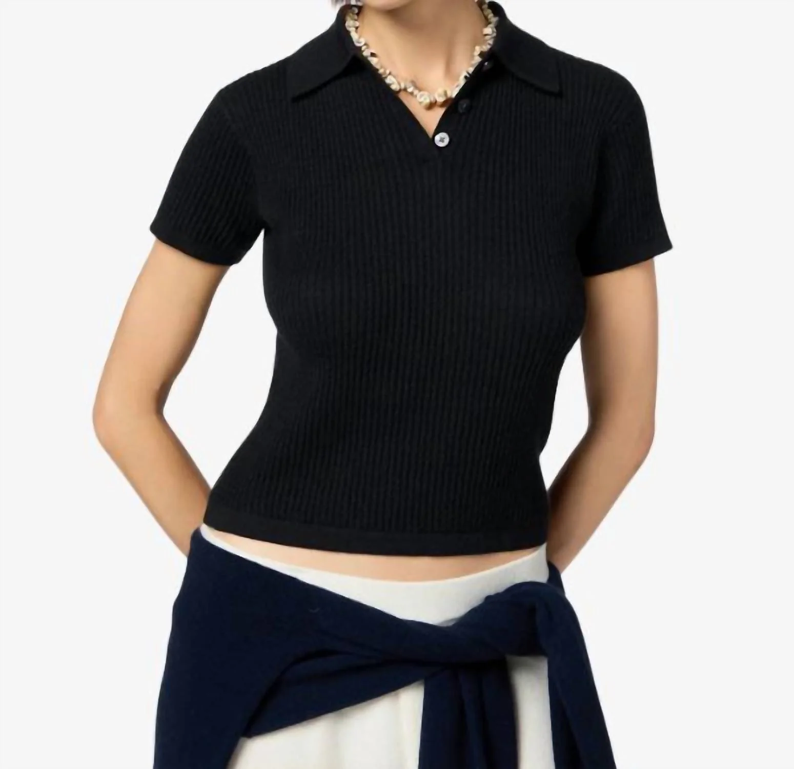 Shrunken Light-Weight Waffle Knit Polo In Black - Image 4