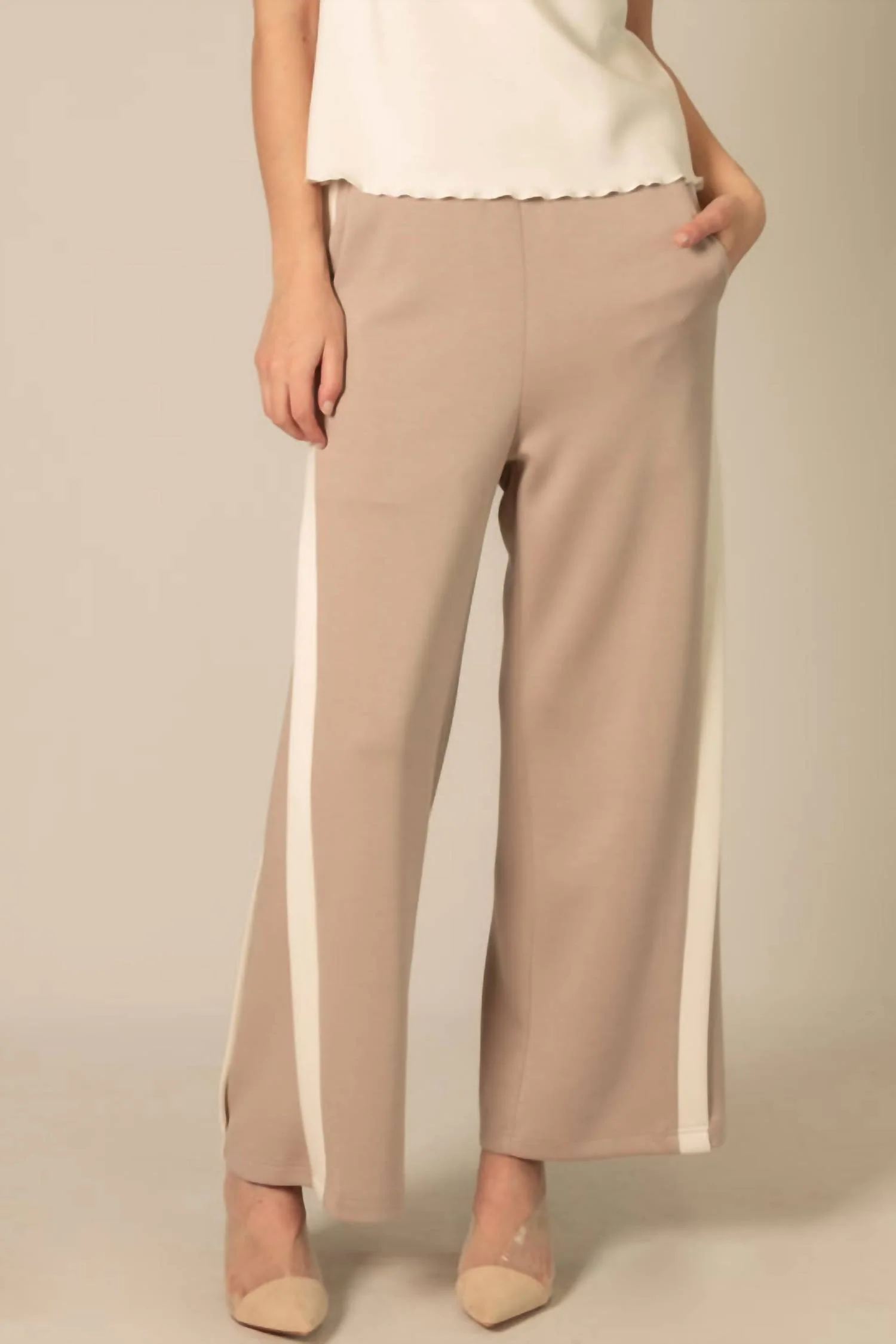 Side Contrast Double Stripe Wide Leg Pants In Taupe/ivory