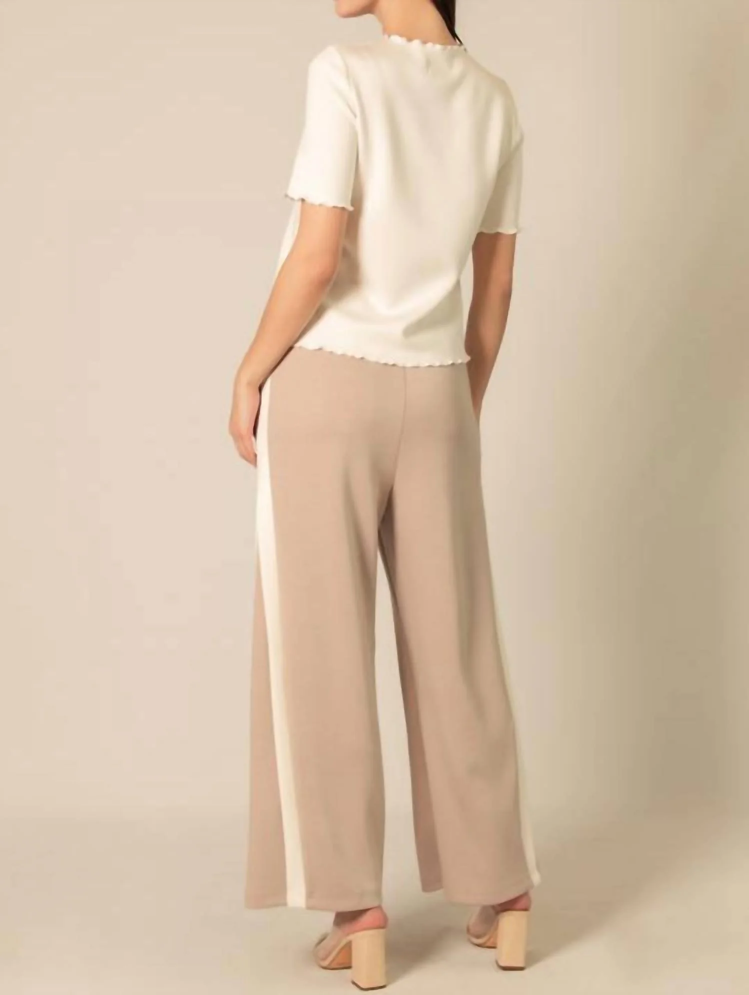 Side Contrast Double Stripe Wide Leg Pants In Taupe/ivory - Image 2