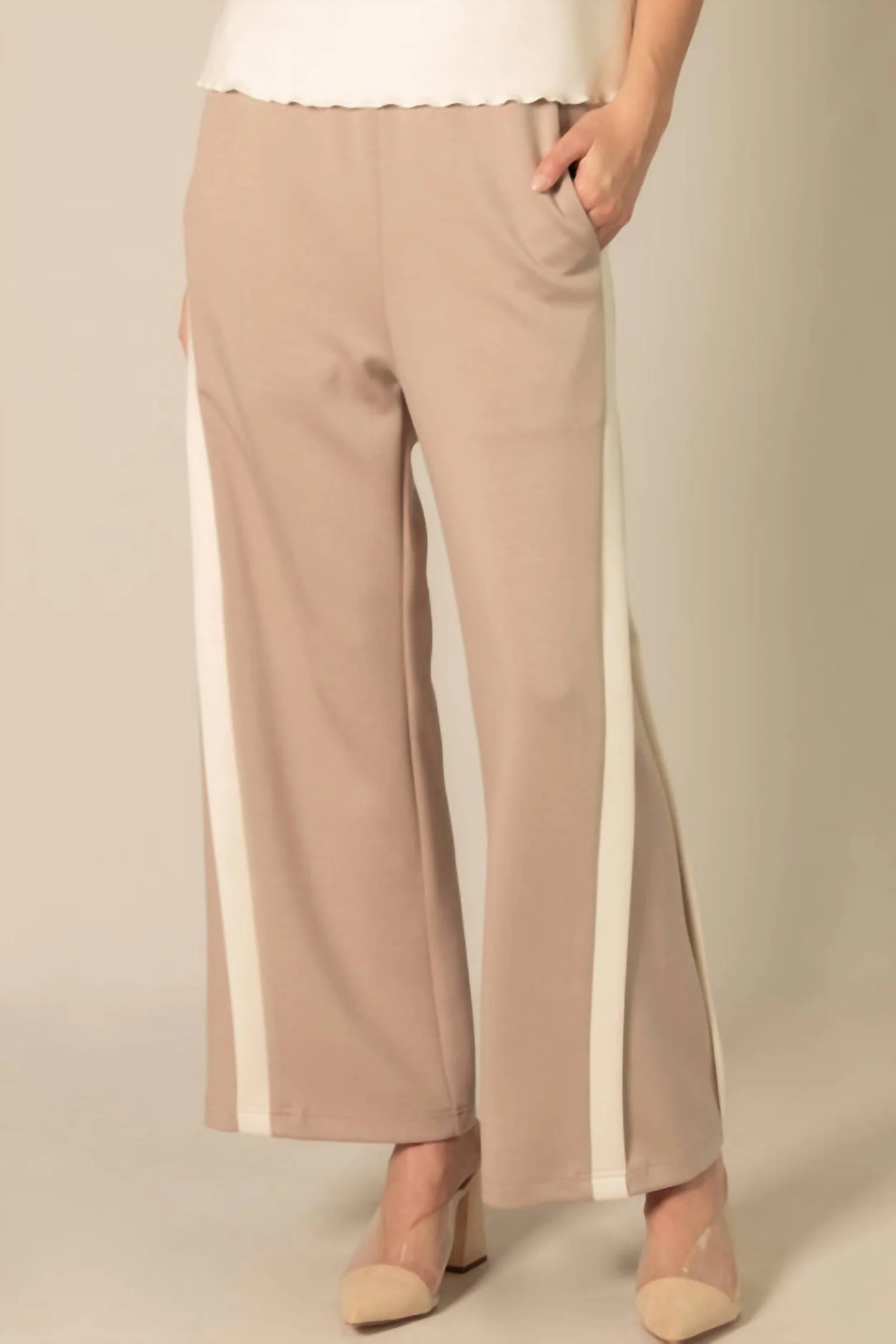 Side Contrast Double Stripe Wide Leg Pants In Taupe/ivory - Image 3