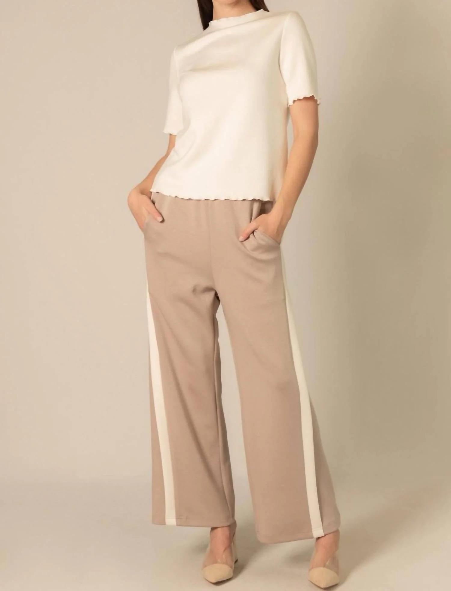 Side Contrast Double Stripe Wide Leg Pants In Taupe/ivory - Image 4