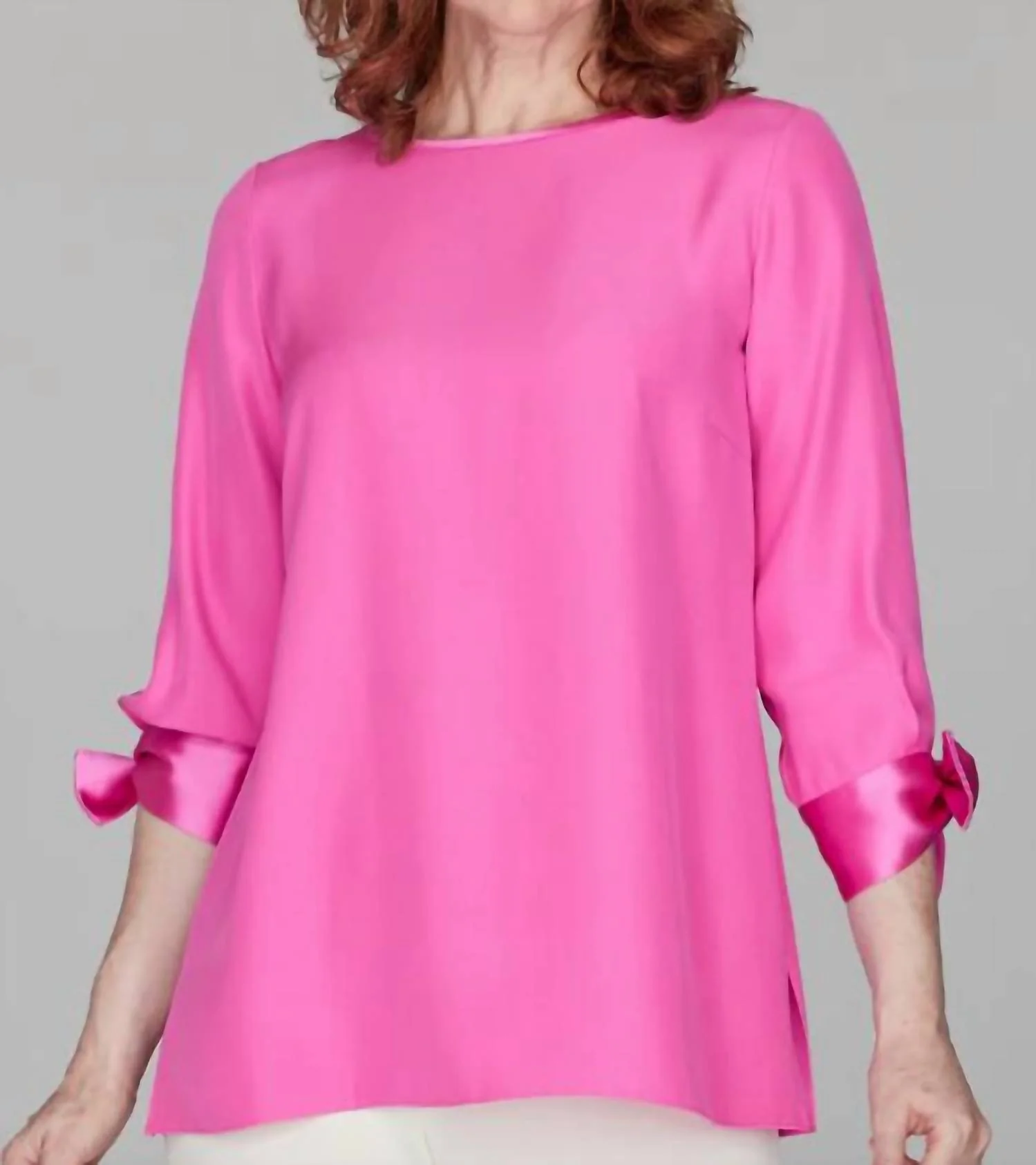 Silk 3/4 Sleeve Blouse With Satin Tie Cuffs In Bubblegum