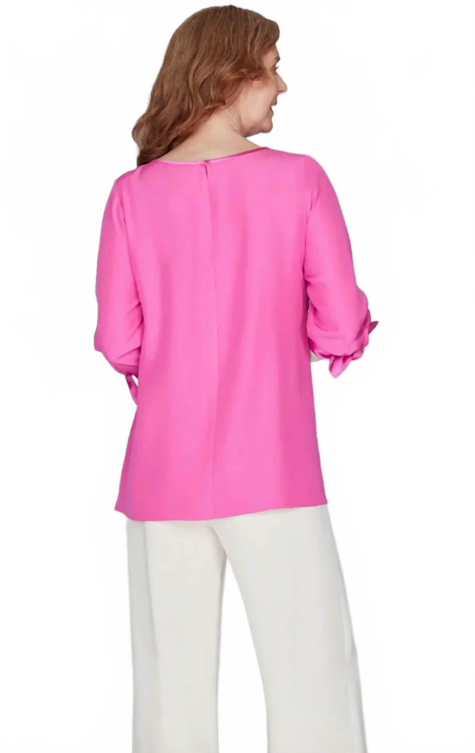 Silk 3/4 Sleeve Blouse With Satin Tie Cuffs In Bubblegum - Image 2