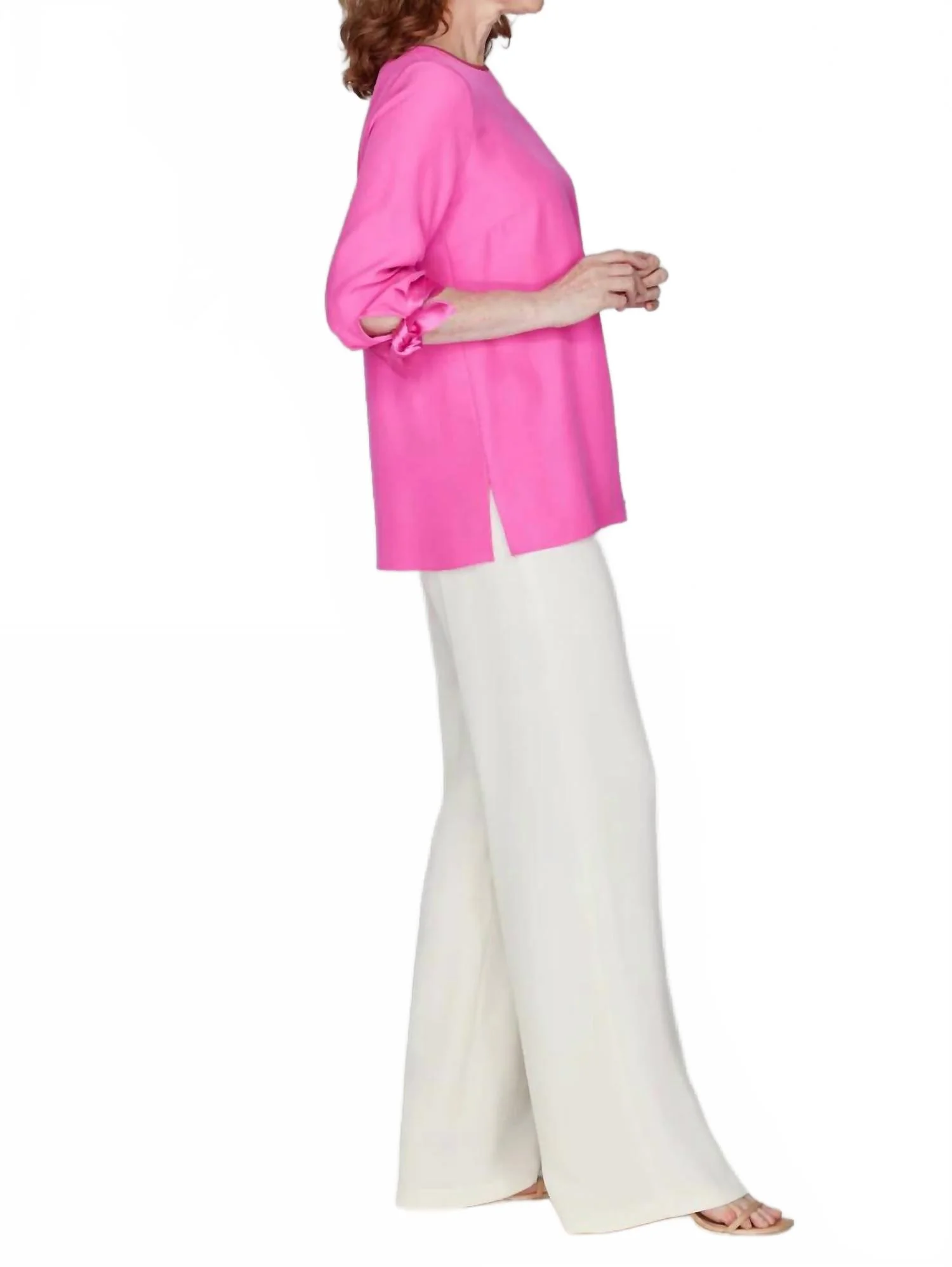 Silk 3/4 Sleeve Blouse With Satin Tie Cuffs In Bubblegum - Image 3