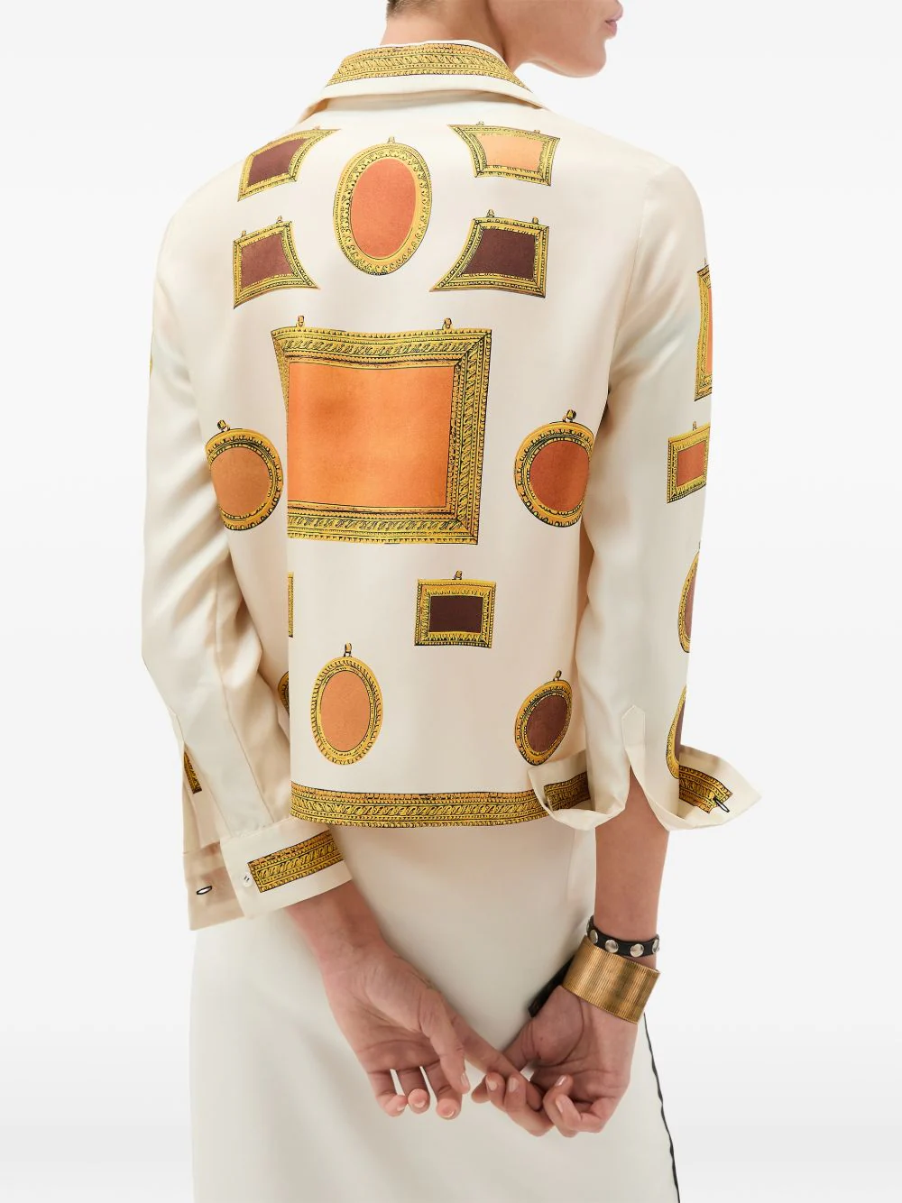Silk And Nylon Top With Geometric Patterns And Gold Detailing - Image 4