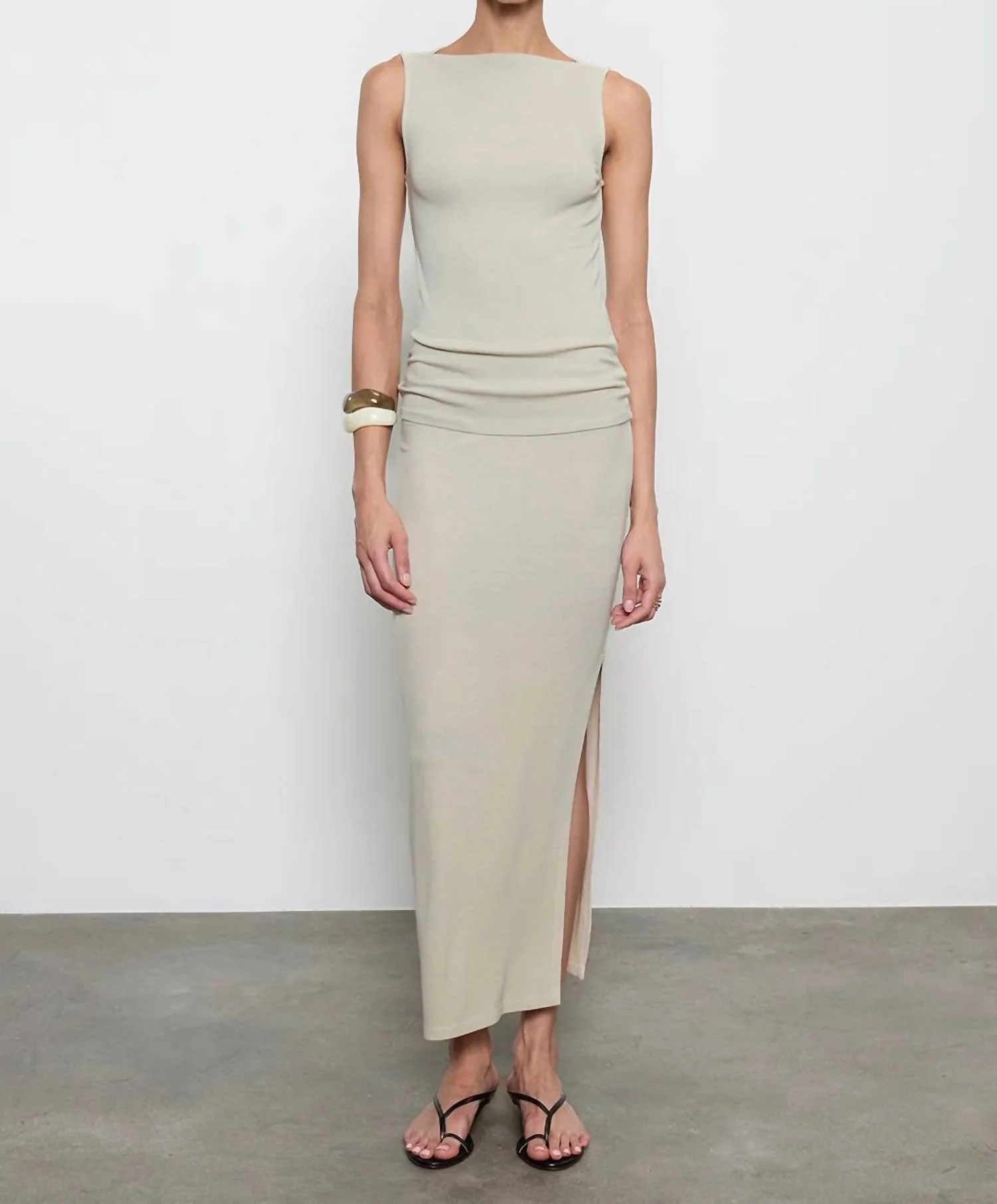 Silk Rib Sleeveless Boatneck Fluid Maxi Dress In Beach Glass