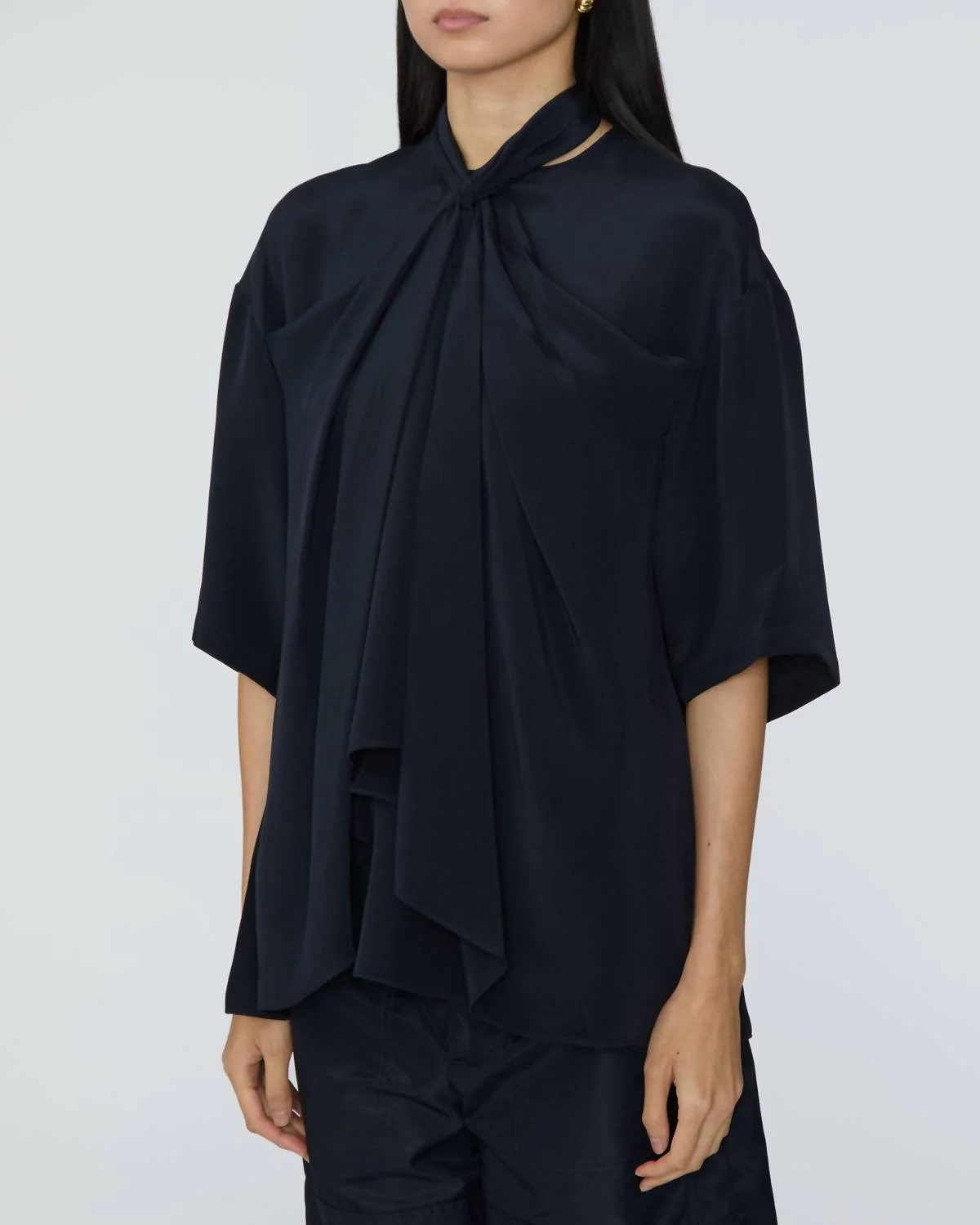Silk Tie Front Top In Dark Navy - Image 4
