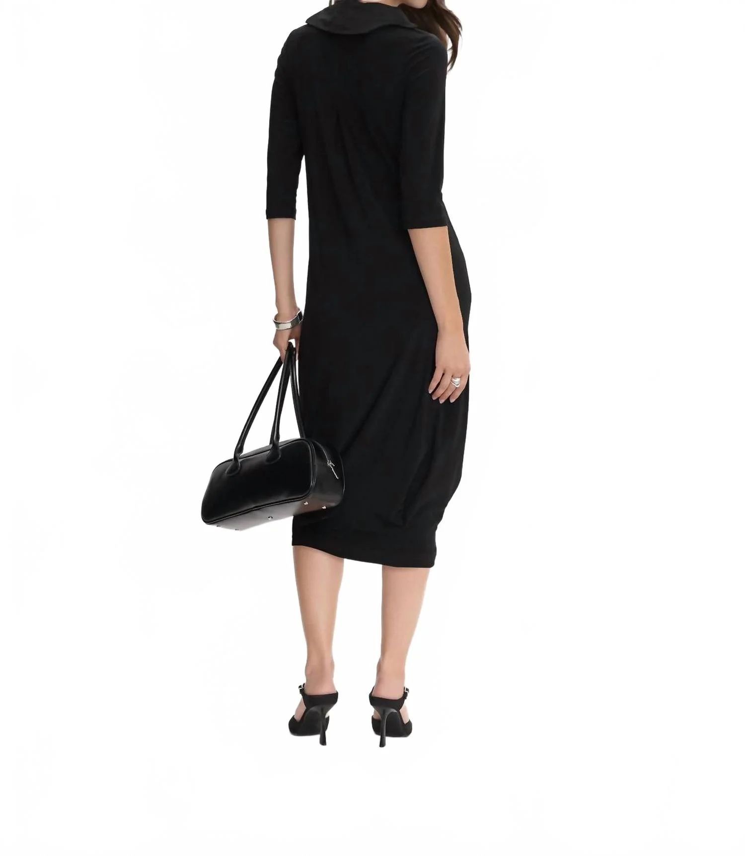 Silky Knit 3/4 Sleeves Cocoon Dress In Black - Image 2