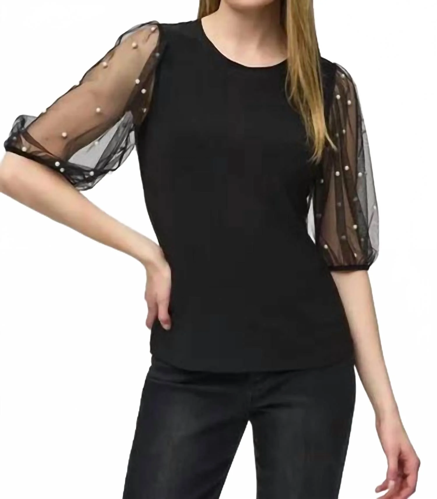 Silky Knit Top With Embellished Mesh Sleeves In Black